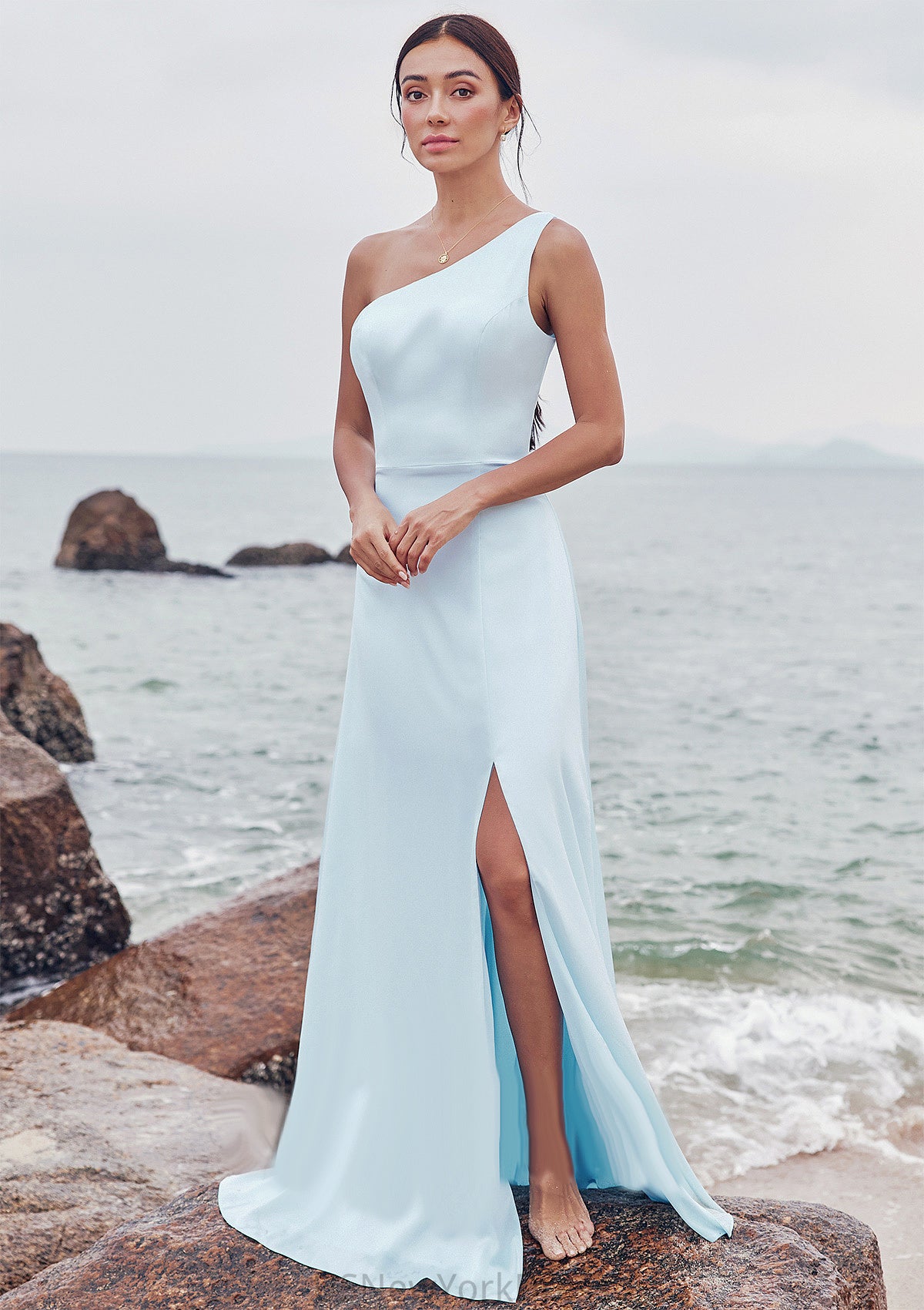 A-line One-Shoulder Sleeveless Floor-Length Stretch Satin Bridesmaid Dresses with Split Karina DJP0025285