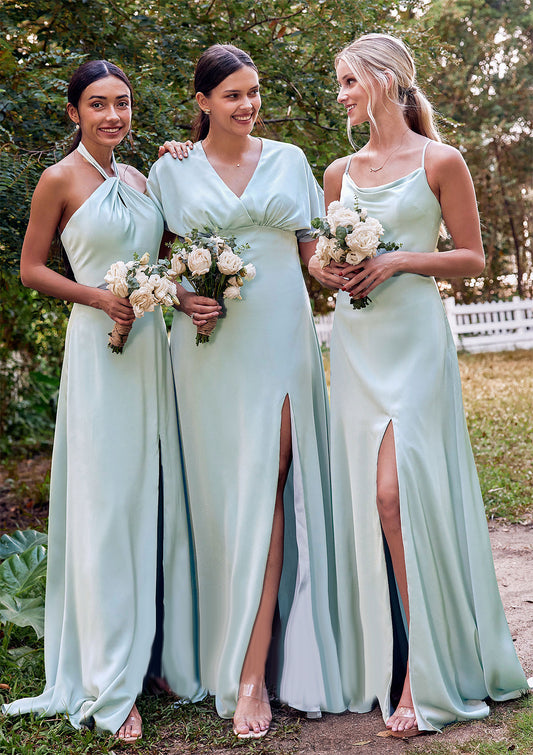 A-line Halter Sleeveless Floor-Length Stretch Satin Bridesmaid Dresses with Split Juliette DJP0025287