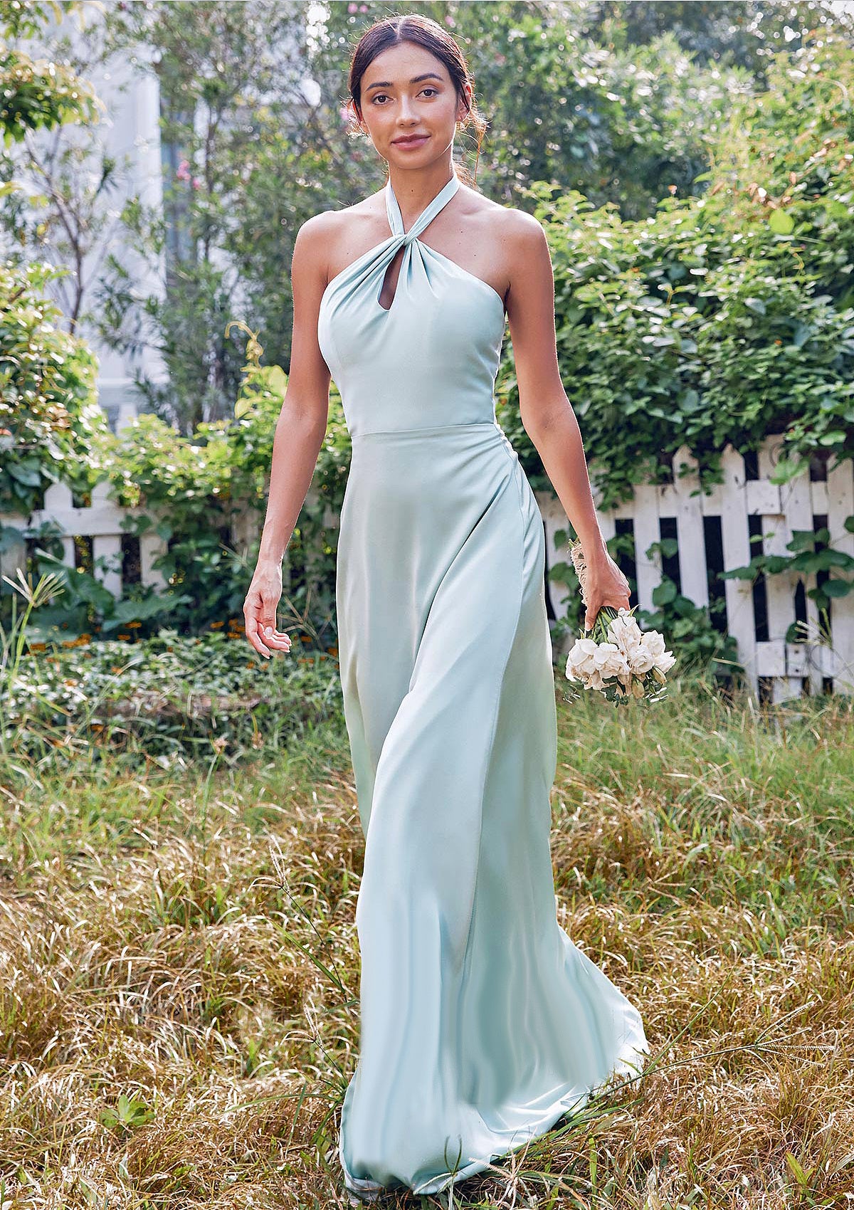 A-line Halter Sleeveless Floor-Length Stretch Satin Bridesmaid Dresses with Split Juliette DJP0025287