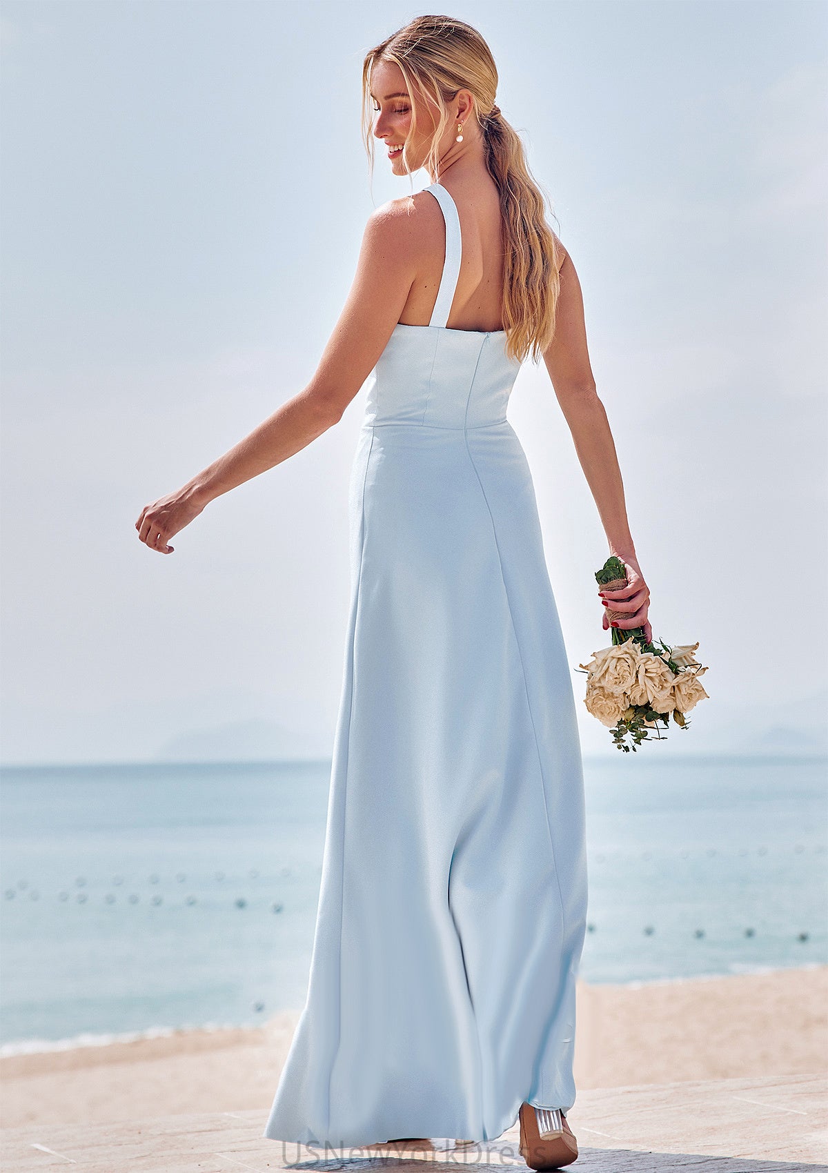 Sheath/Column Halter Sleeveless Floor-Length Stretch Crepe Bridesmaid Dresses with Split Carolyn DJP0025291