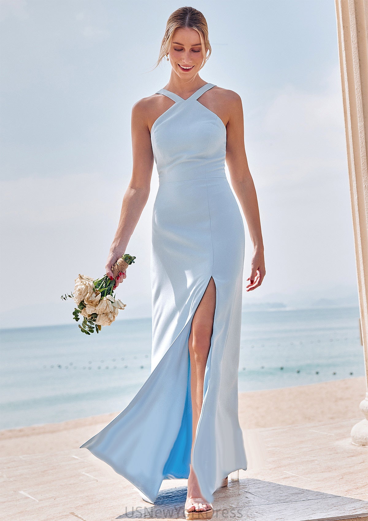 Sheath/Column Halter Sleeveless Floor-Length Stretch Crepe Bridesmaid Dresses with Split Carolyn DJP0025291