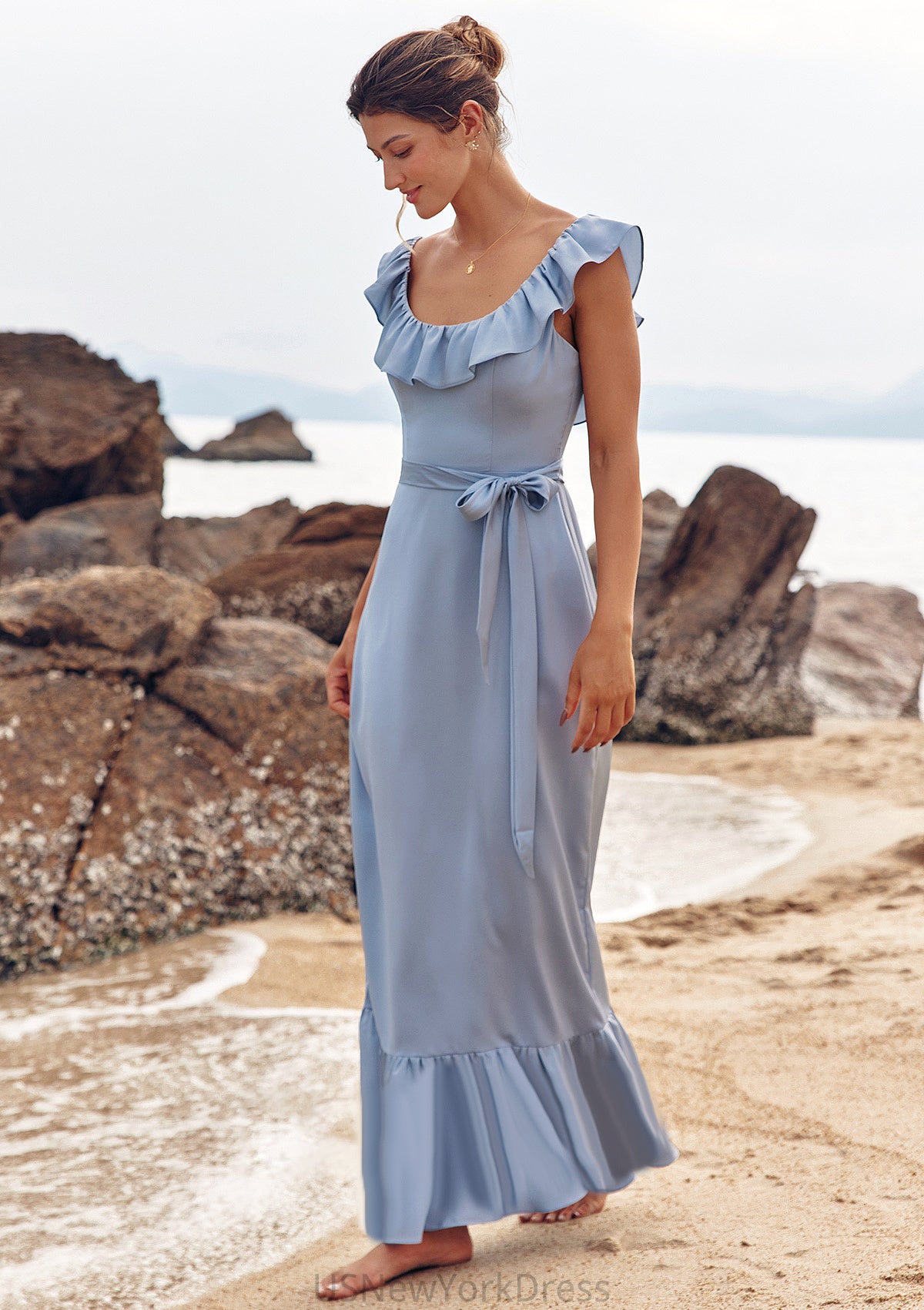 Sheath/Column Scoop Neck Sleeveless Floor-Length Stretch Satin Bridesmaid Dresses with Sashes Ruffles Hazel DJP0025293