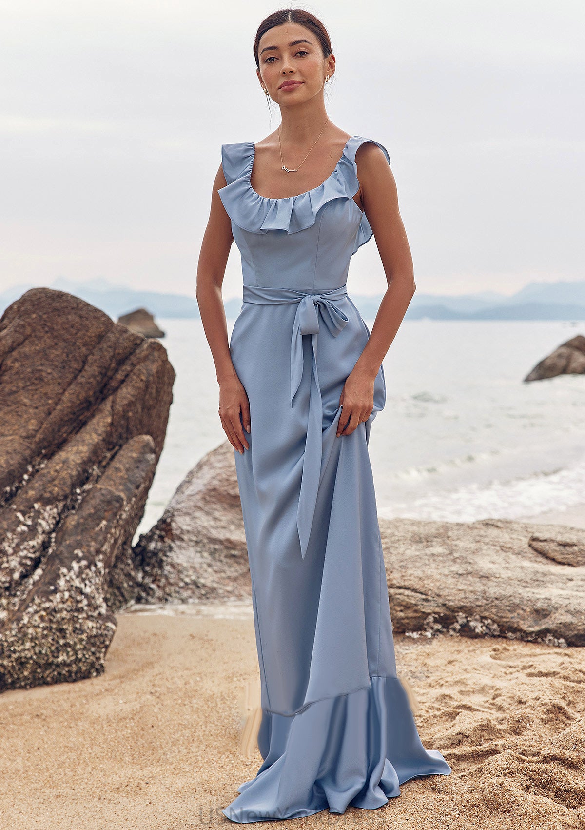 Sheath/Column Scoop Neck Sleeveless Floor-Length Stretch Satin Bridesmaid Dresses with Sashes Ruffles Hazel DJP0025293