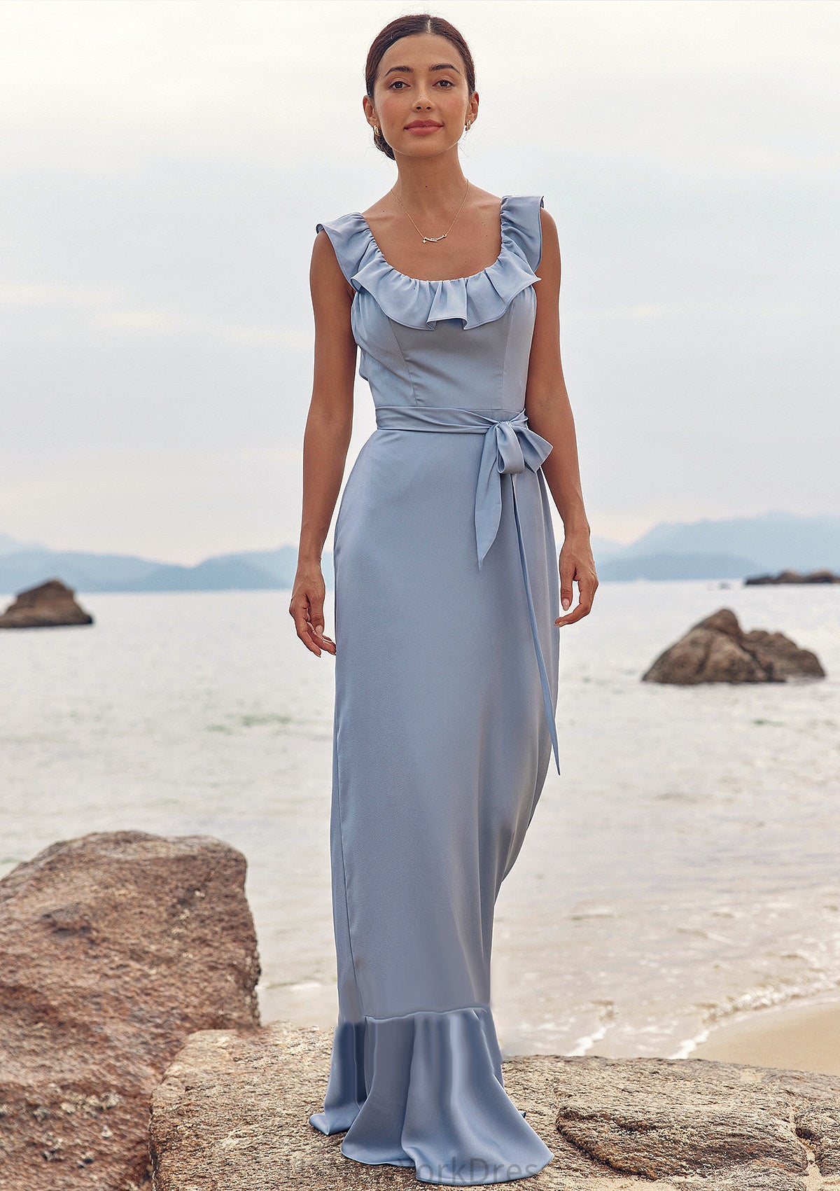 Sheath/Column Scoop Neck Sleeveless Floor-Length Stretch Satin Bridesmaid Dresses with Sashes Ruffles Hazel DJP0025293