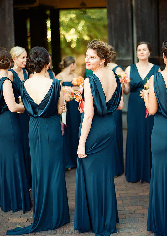 A-line V Neck Sleeveless Sweep Train Jersey Bridesmaid Dresses with Pleated Josephine DJP0025302