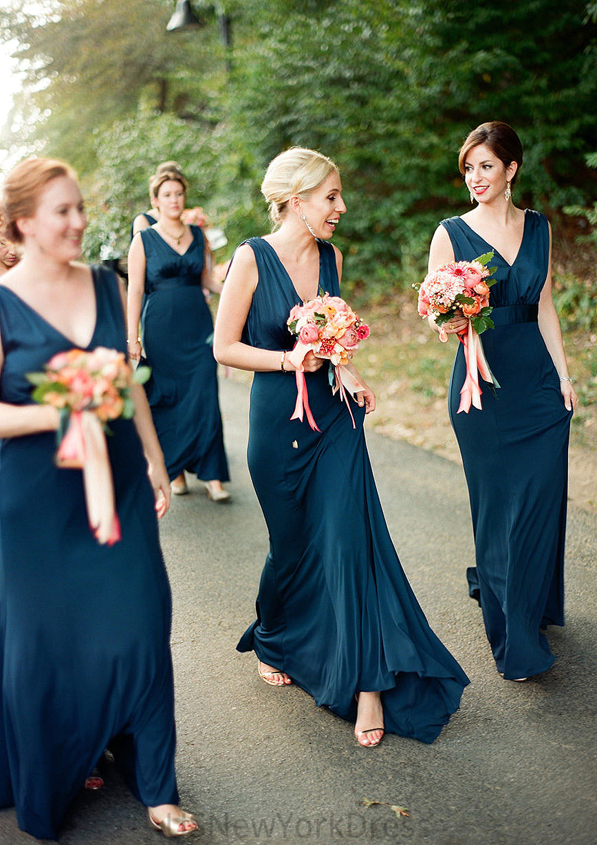 A-line V Neck Sleeveless Sweep Train Jersey Bridesmaid Dresses with Pleated Josephine DJP0025302