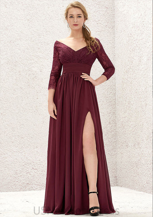 A-line V Neck Full/Long Sleeve Long/Floor-Length Chiffon Bridesmaid Dresses With Lace Split Pleated Mariana DJP0025304