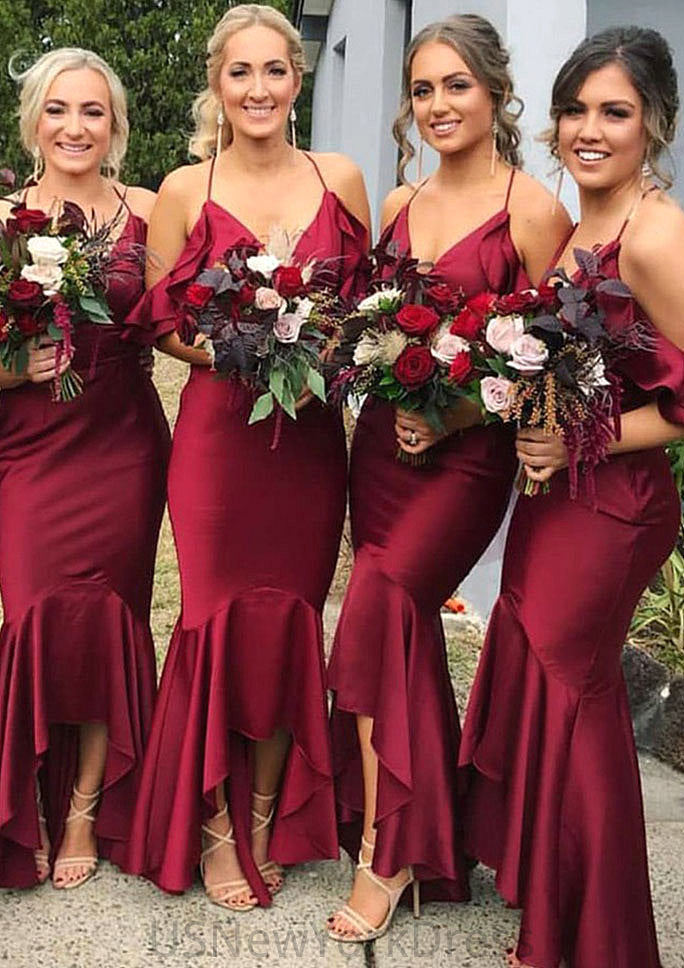 Sleeveless V Neck Asymmetrical Trumpet/Mermaid Charmeuse Bridesmaid Dresseses With Ruffles Norma DJP0025305