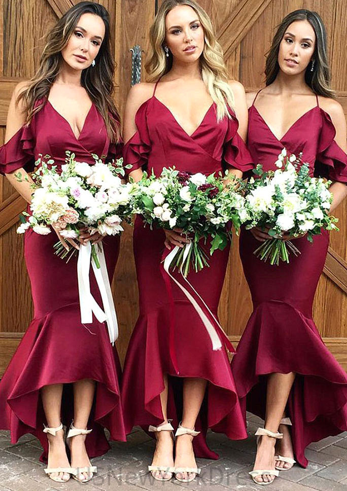 Sleeveless V Neck Asymmetrical Trumpet/Mermaid Charmeuse Bridesmaid Dresseses With Ruffles Norma DJP0025305