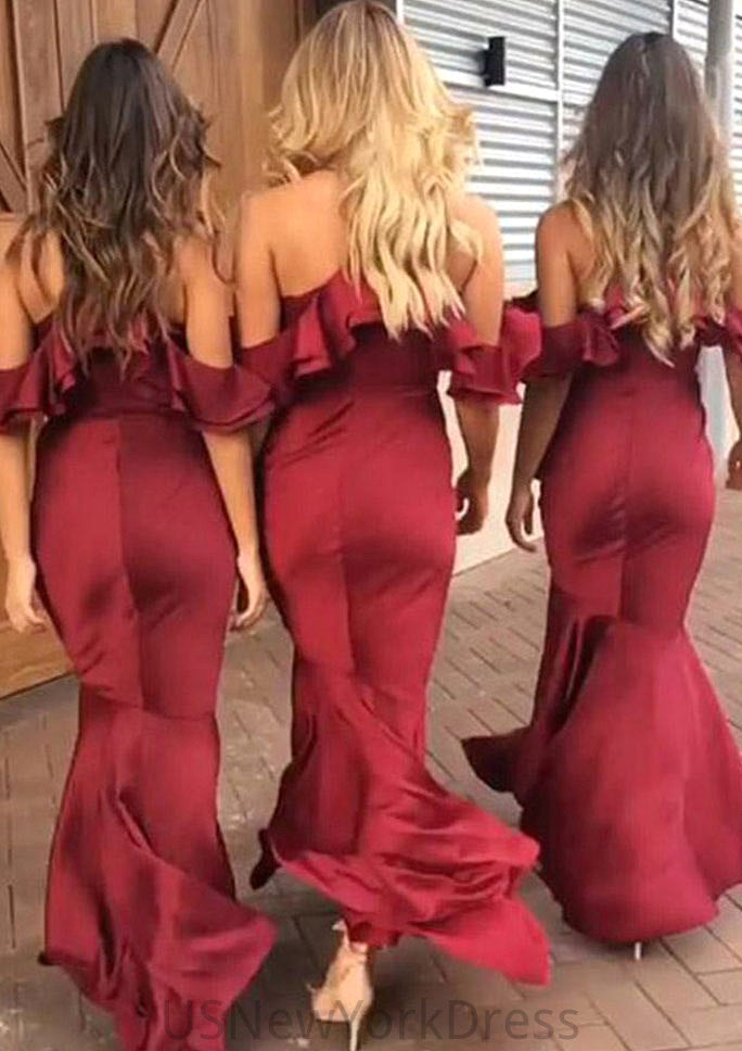 Sleeveless V Neck Asymmetrical Trumpet/Mermaid Charmeuse Bridesmaid Dresseses With Ruffles Norma DJP0025305