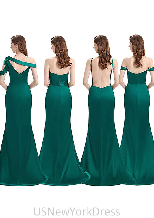 Trumpet/Mermaid Sleeveless Long/Floor-Length Silk like Satin Bridesmaid Dresses With Pleated Split Madge DJP0025306