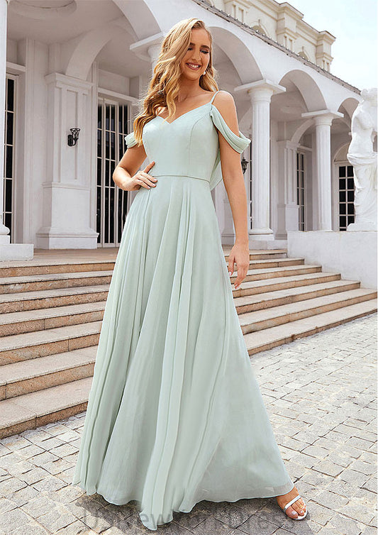 A-line Off-the-Shoulder Sleeveless Long/Floor-Length Chiffon Bridesmaid Dresseses With Pleated Peyton DJP0025307