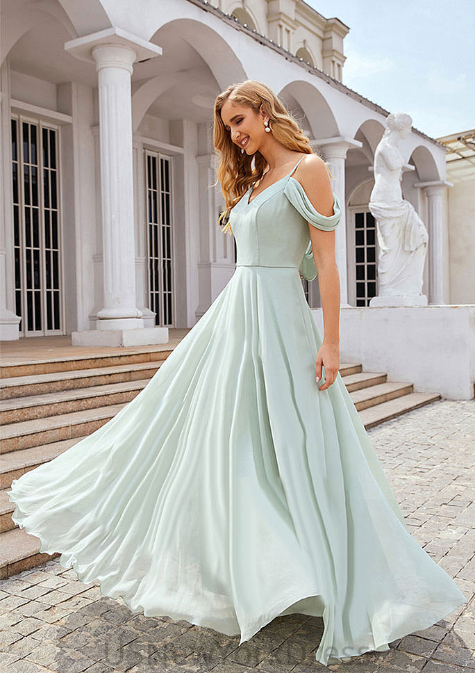 A-line Off-the-Shoulder Sleeveless Long/Floor-Length Chiffon Bridesmaid Dresseses With Pleated Peyton DJP0025307