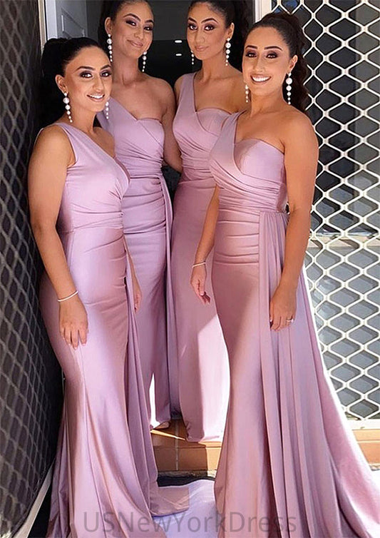 Trumpet/Mermaid One-Shoulder Sleeveless Sweep Train Jersey Bridesmaid Dresses With Pleated Side Draping Angelina DJP0025308