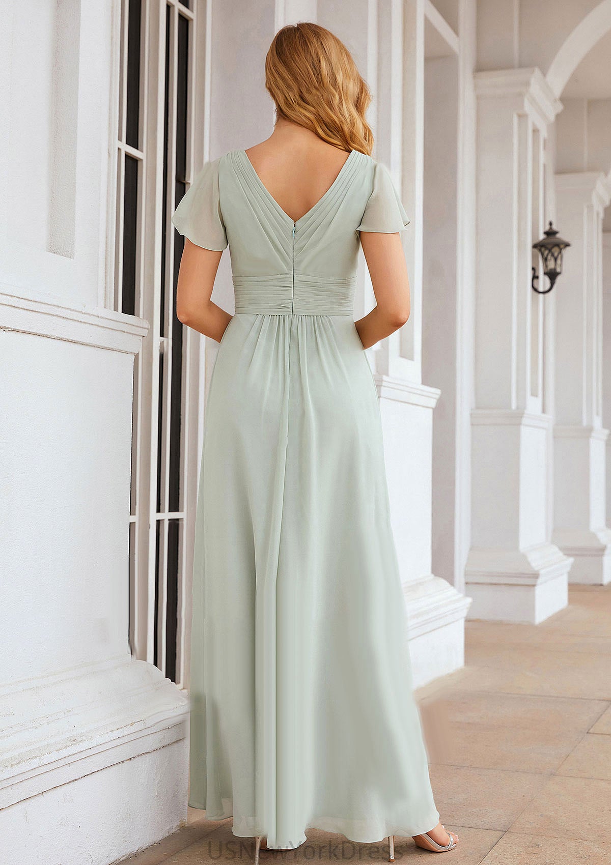 A-line V Neck Short Sleeve Long/Floor-Length Chiffon Bridesmaid Dresses With Pleated Alexus DJP0025309