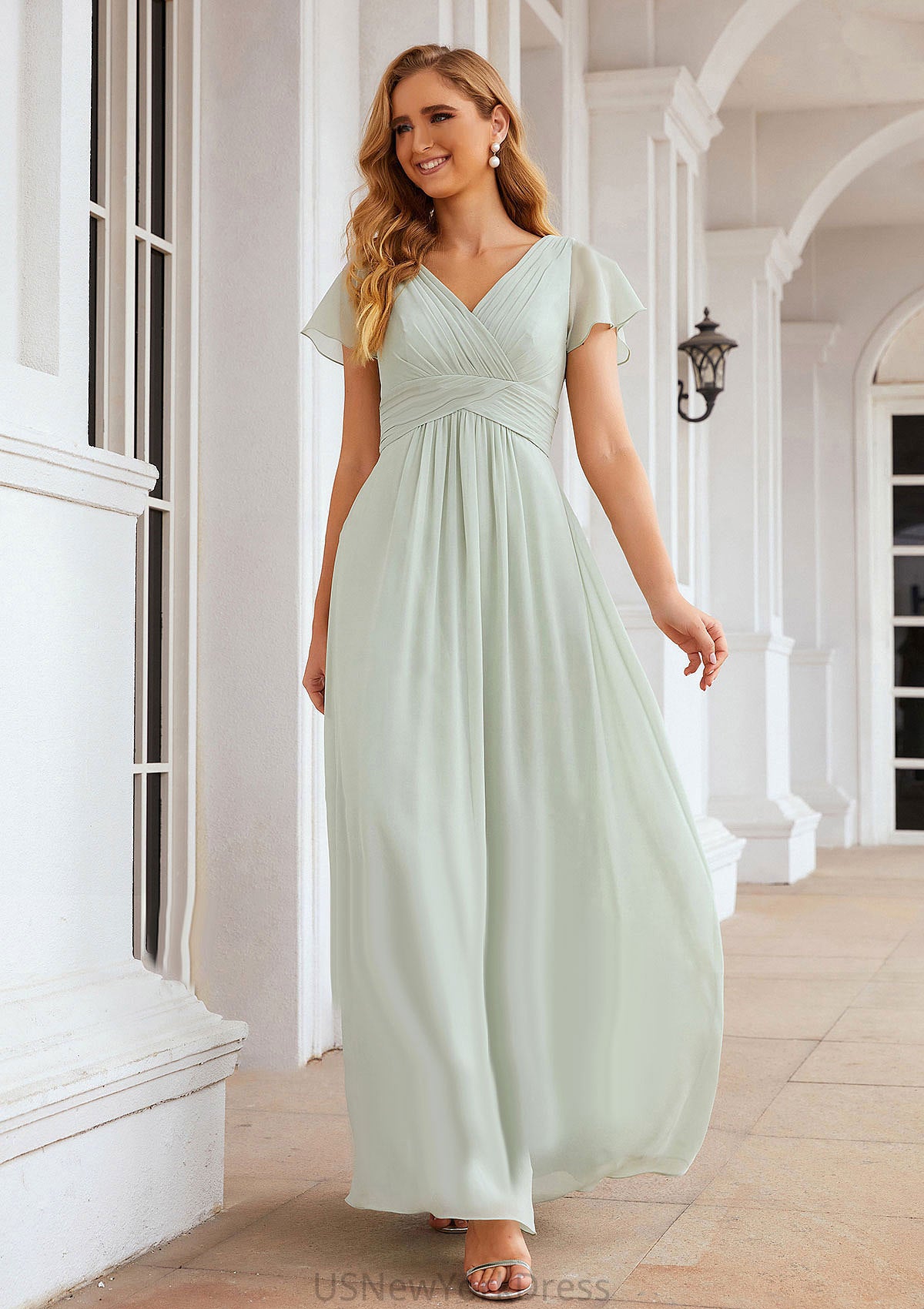 A-line V Neck Short Sleeve Long/Floor-Length Chiffon Bridesmaid Dresses With Pleated Alexus DJP0025309