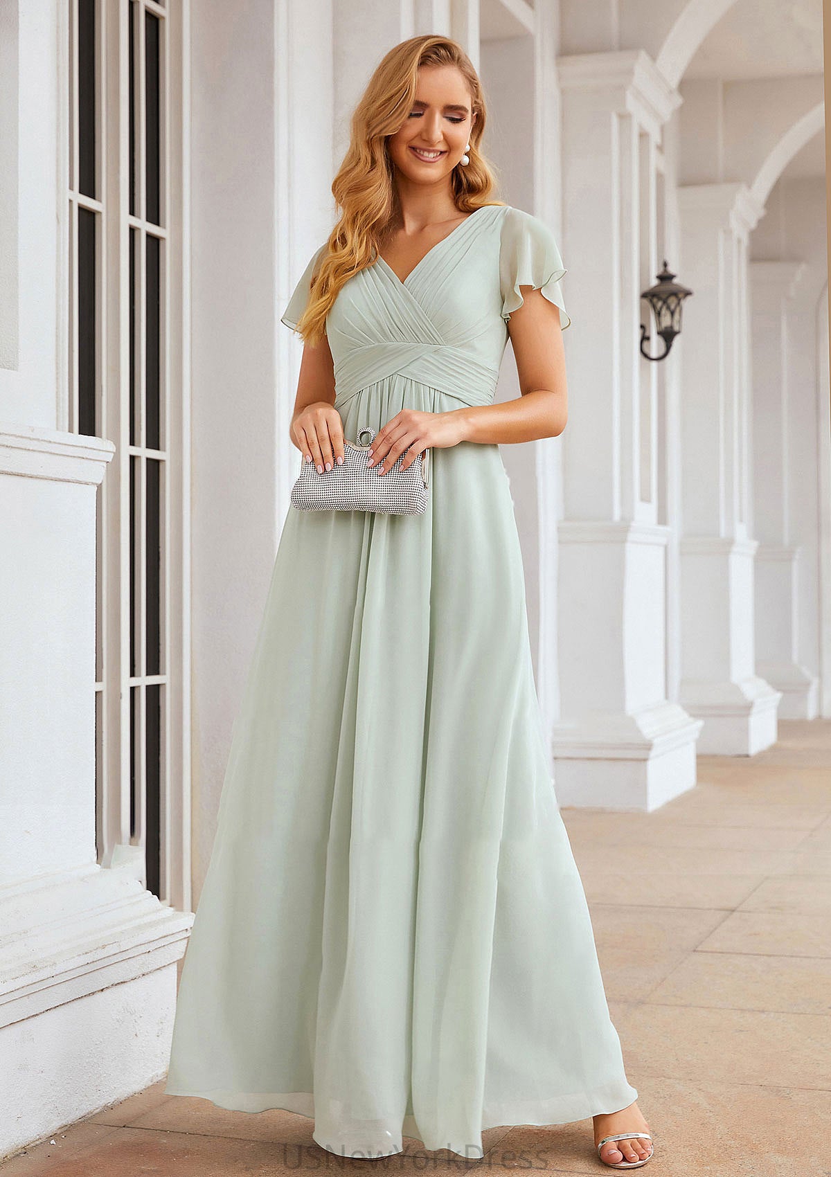 A-line V Neck Short Sleeve Long/Floor-Length Chiffon Bridesmaid Dresses With Pleated Alexus DJP0025309