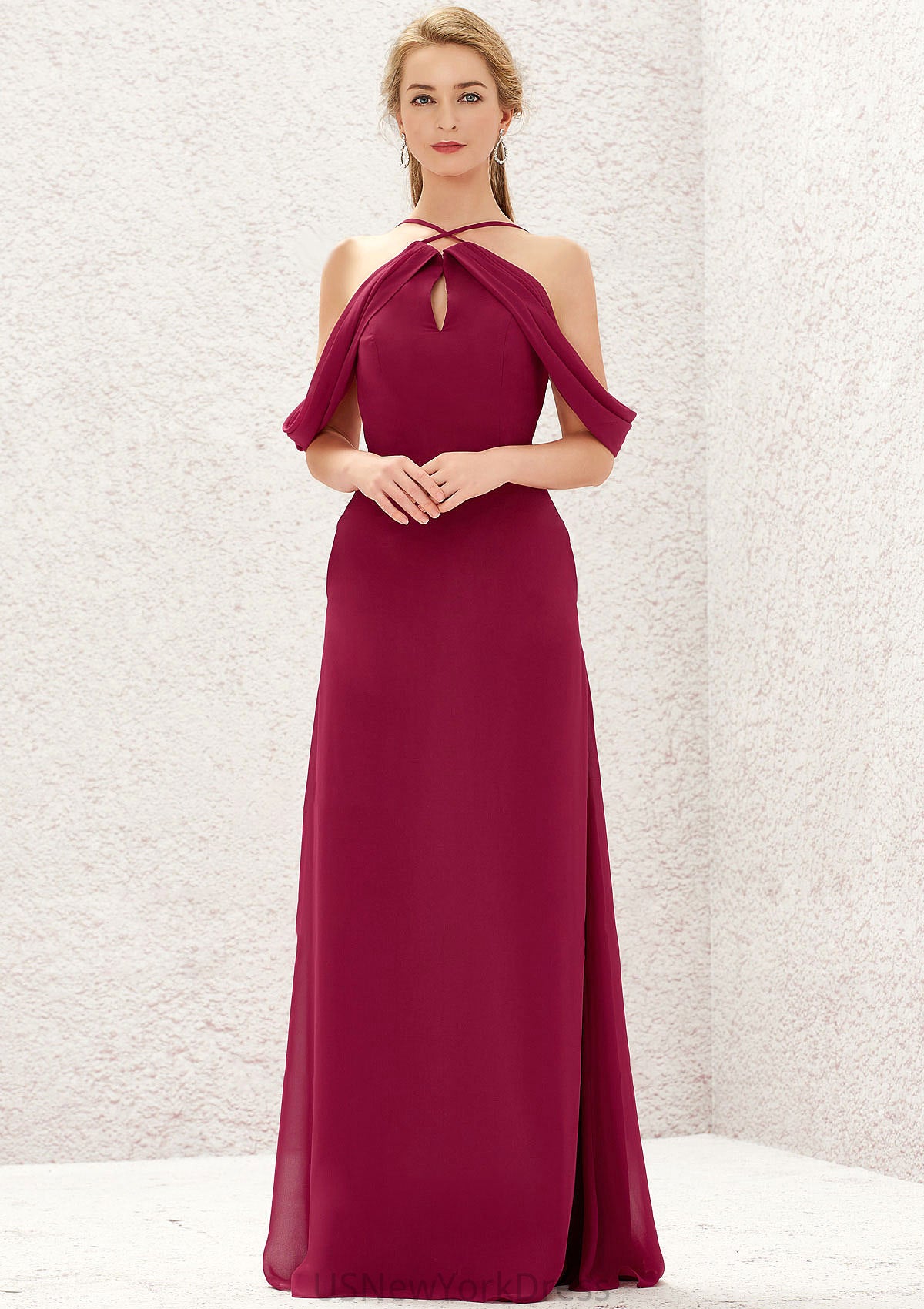 A-line Scalloped Neck Sleeveless Chiffon Long/Floor-Length Bridesmaid Dresses With Pockets Jordyn DJP0025310