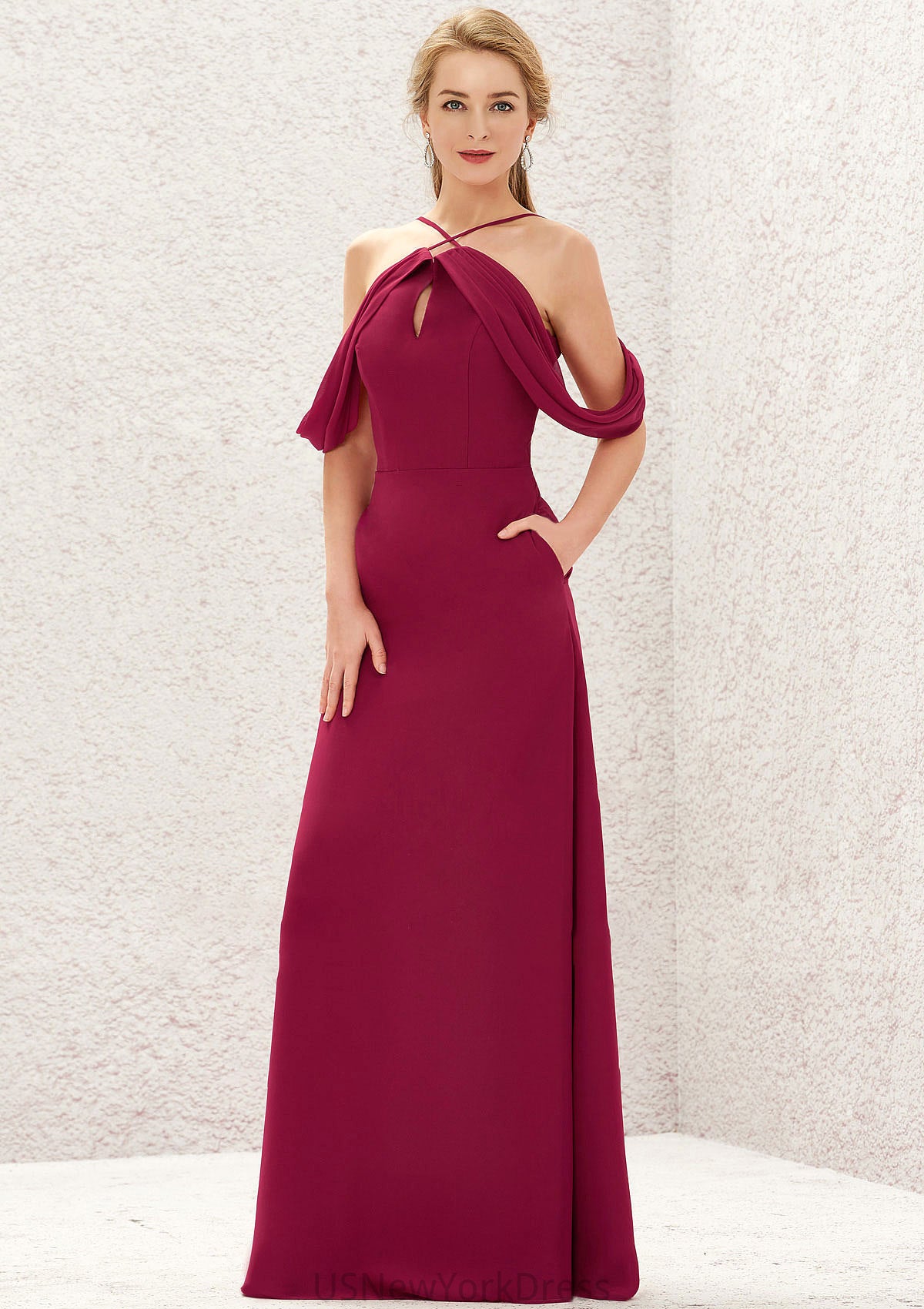 A-line Scalloped Neck Sleeveless Chiffon Long/Floor-Length Bridesmaid Dresses With Pockets Jordyn DJP0025310