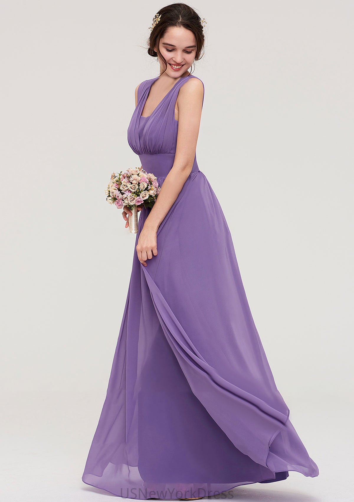 Sleeveless Scalloped Neck Chiffon Long/Floor-Length Bridesmaid Dresseses With Pleated Jazlyn DJP0025314