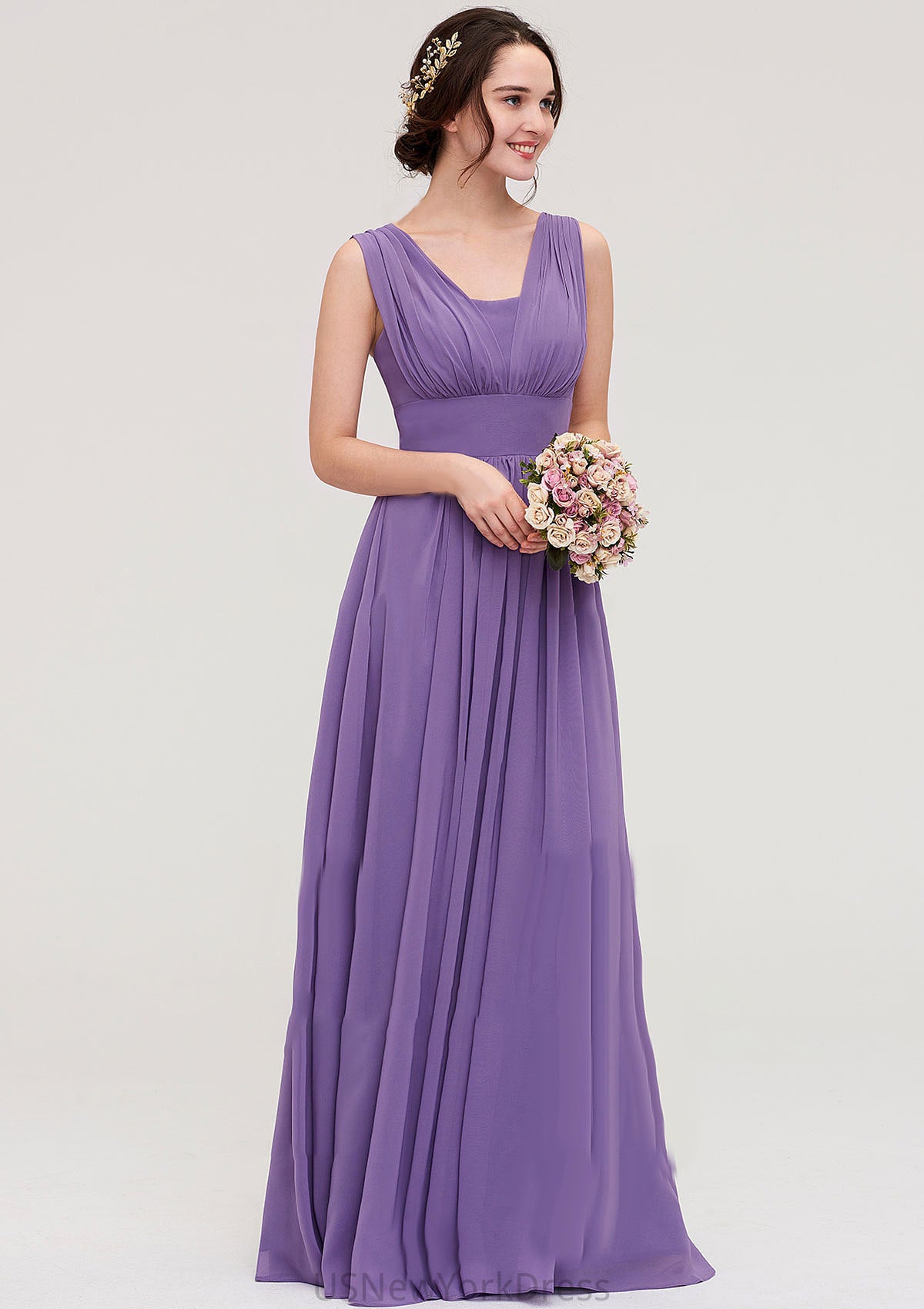 Sleeveless Scalloped Neck Chiffon Long/Floor-Length Bridesmaid Dresseses With Pleated Jazlyn DJP0025314