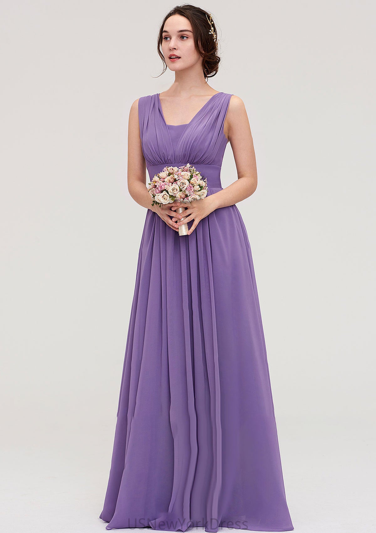 Sleeveless Scalloped Neck Chiffon Long/Floor-Length Bridesmaid Dresseses With Pleated Jazlyn DJP0025314