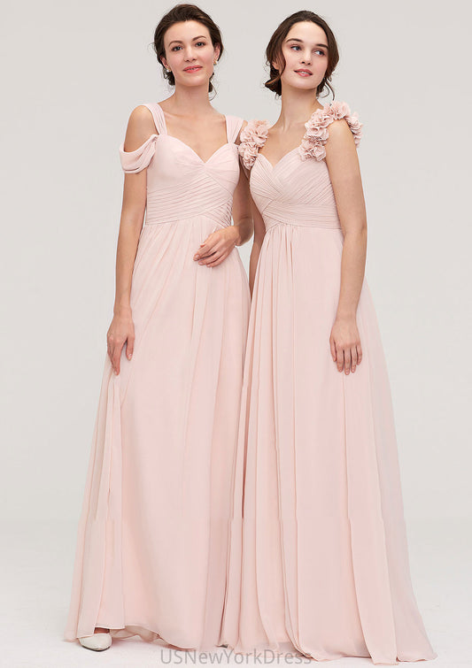 Sweetheart Sleeveless A-line/Princess Chiffon Long/Floor-Length Bridesmaid Dresses With Pleated Shoulder Flower Adriana DJP0025315