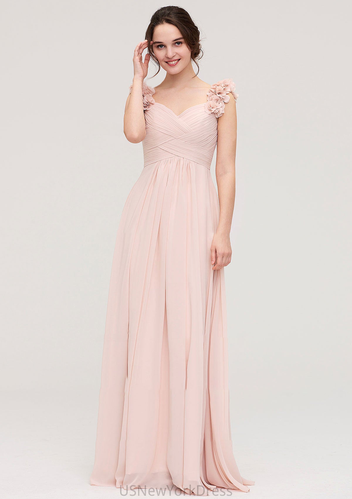 Sweetheart Sleeveless A-line/Princess Chiffon Long/Floor-Length Bridesmaid Dresses With Pleated Shoulder Flower Adriana DJP0025315