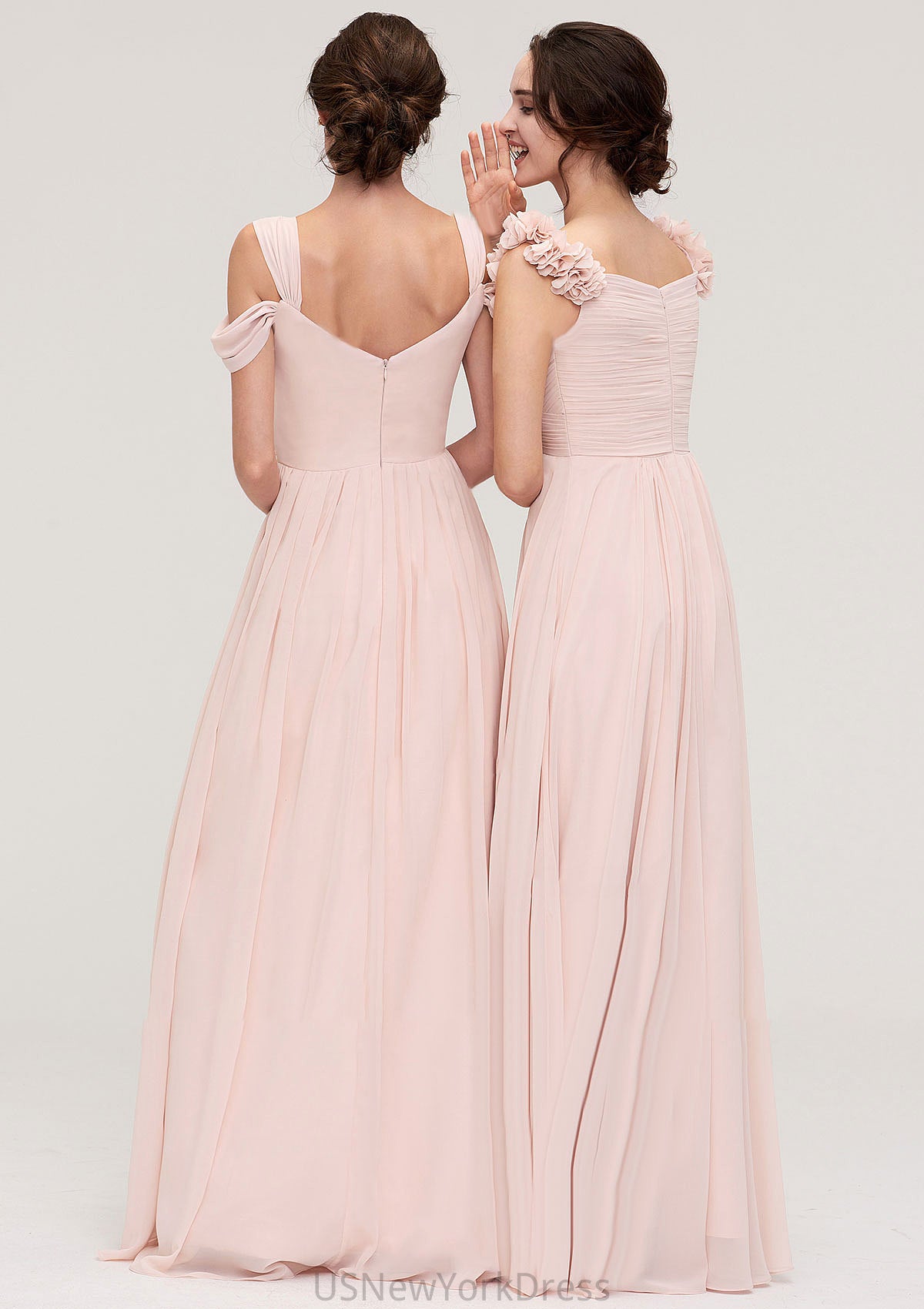 Sweetheart Sleeveless A-line/Princess Chiffon Long/Floor-Length Bridesmaid Dresses With Pleated Shoulder Flower Adriana DJP0025315