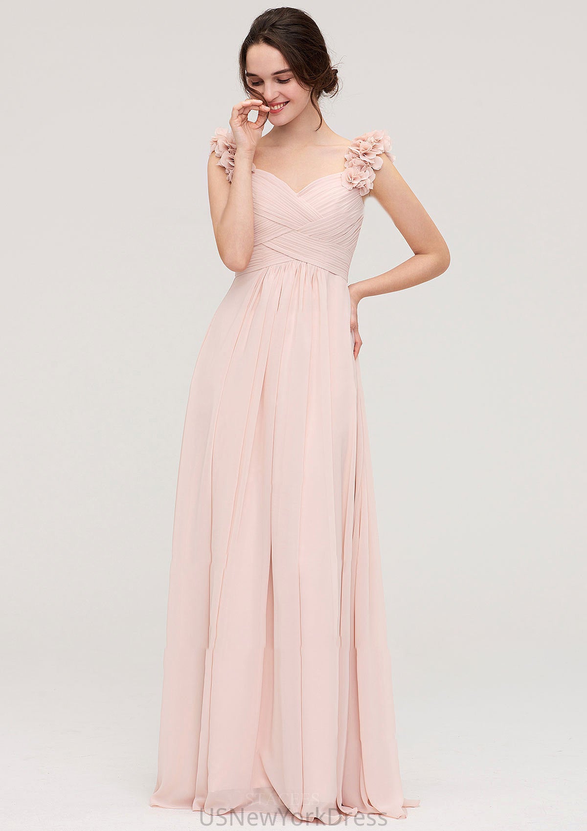 Sweetheart Sleeveless A-line/Princess Chiffon Long/Floor-Length Bridesmaid Dresses With Pleated Shoulder Flower Adriana DJP0025315