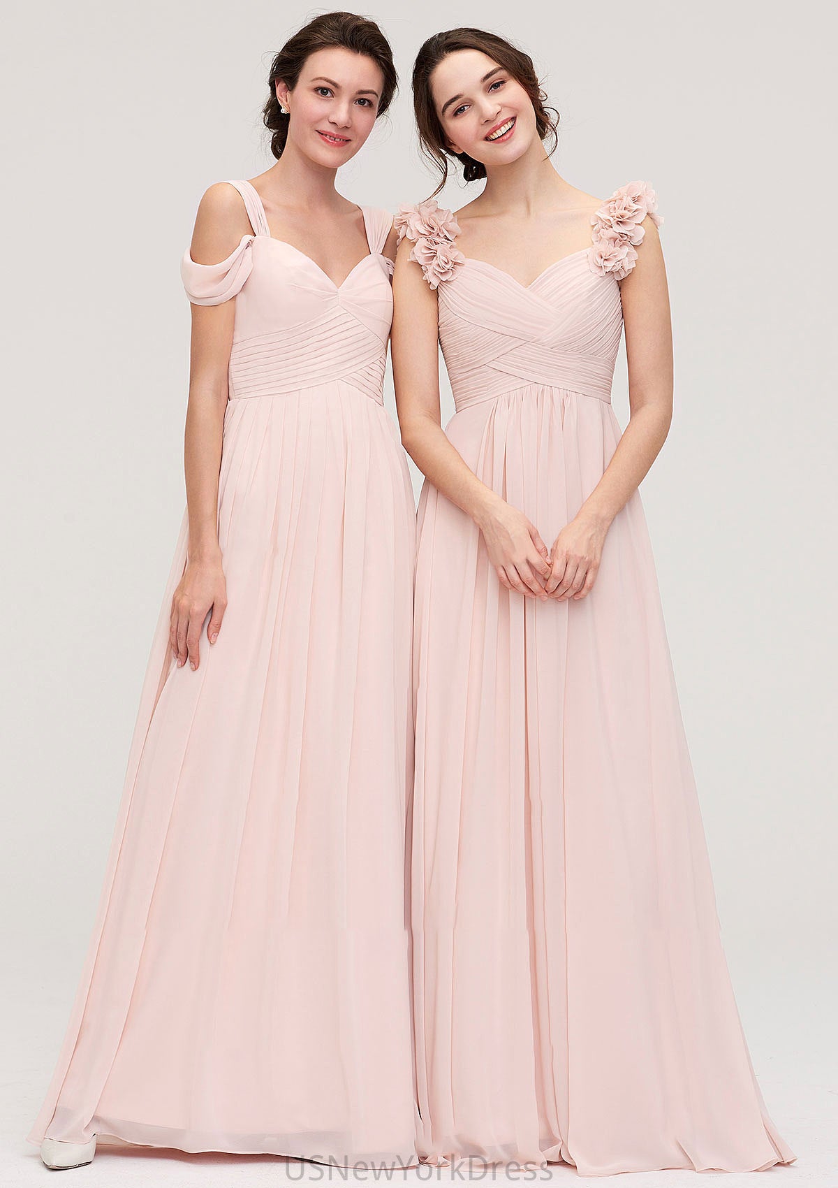 Sweetheart Sleeveless A-line/Princess Chiffon Long/Floor-Length Bridesmaid Dresses With Pleated Shoulder Flower Adriana DJP0025315