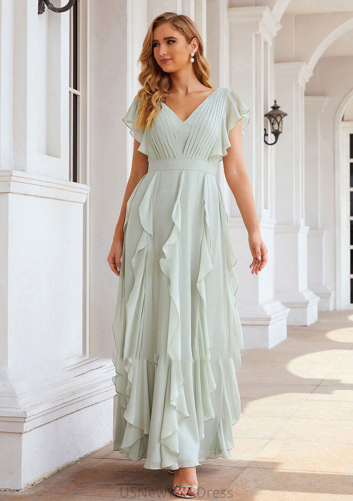 A-line V Neck Short Sleeve Long/Floor-Length Chiffon Bridesmaid Dresses With Pleated Ruffles Fatima DJP0025316