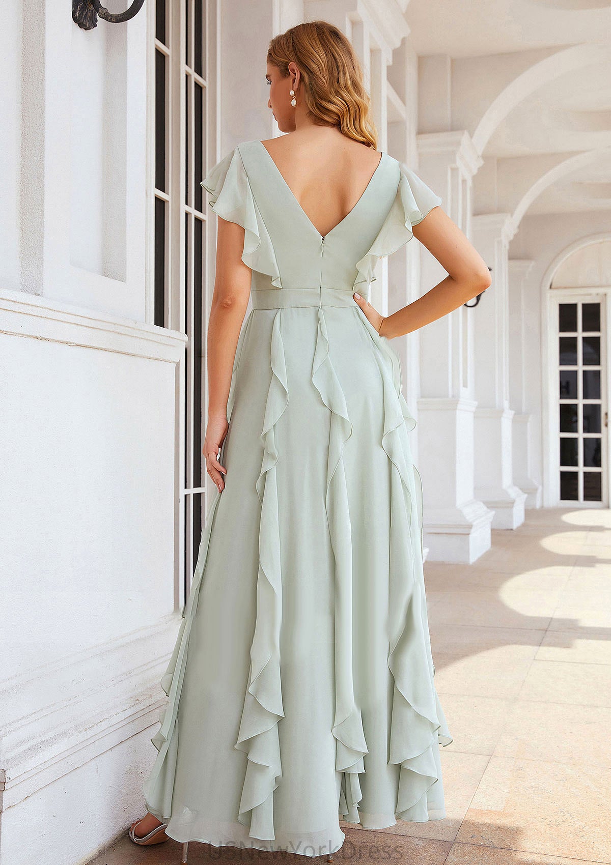 A-line V Neck Short Sleeve Long/Floor-Length Chiffon Bridesmaid Dresses With Pleated Ruffles Fatima DJP0025316