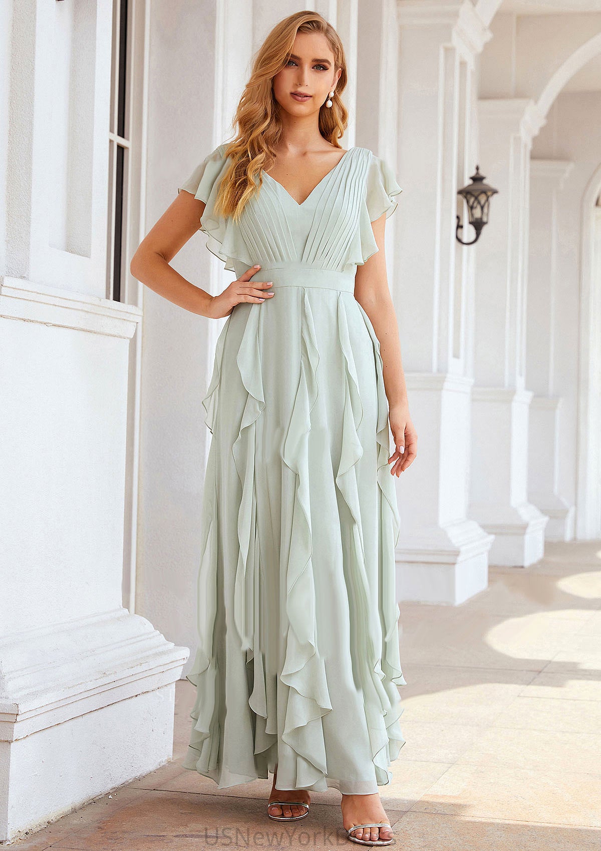 A-line V Neck Short Sleeve Long/Floor-Length Chiffon Bridesmaid Dresses With Pleated Ruffles Fatima DJP0025316