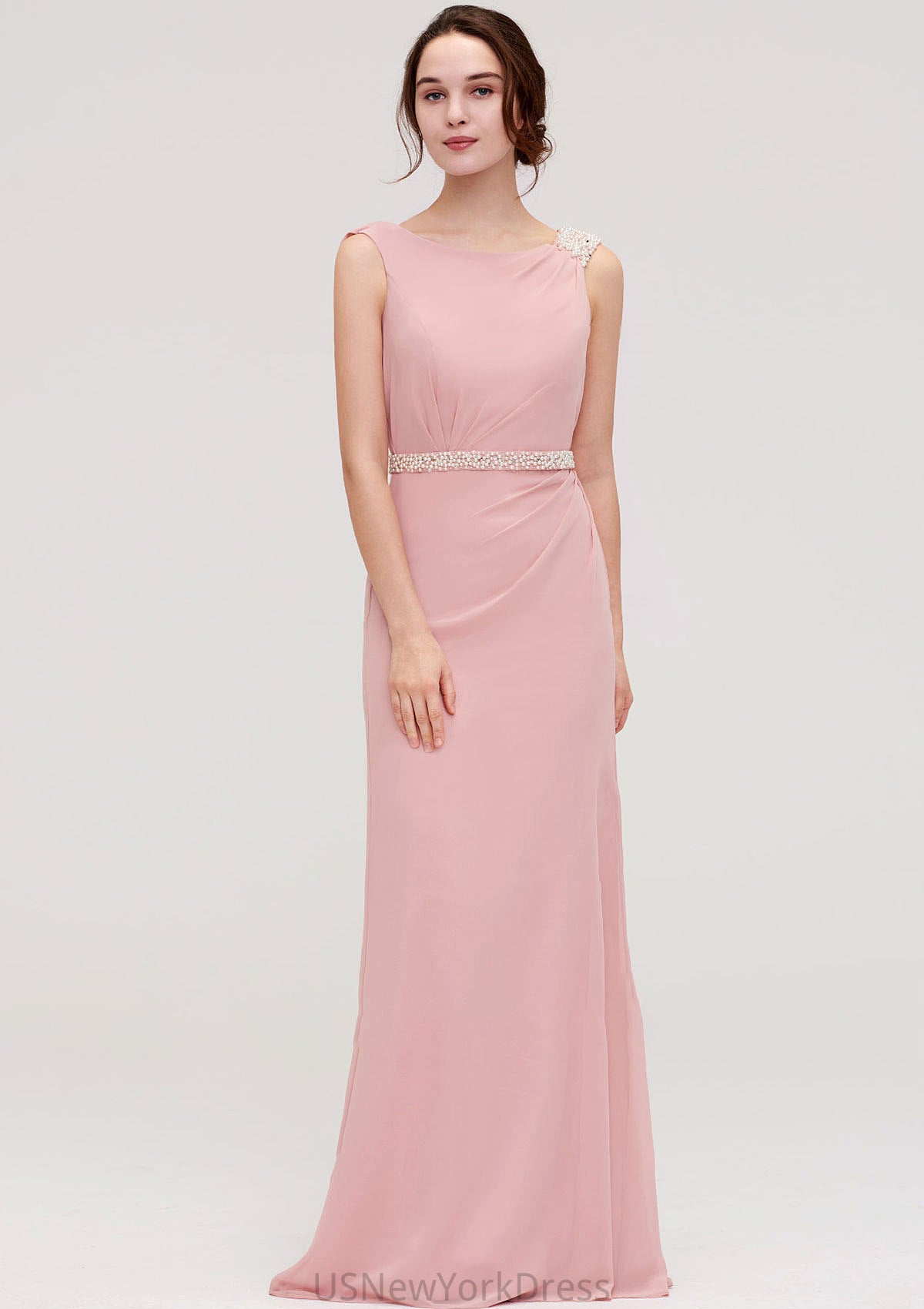 Sleeveless Sheath/Column Long/Floor-Length Chiffon Bridesmaid Dresses With Waistband Beading Anastasia DJP0025317