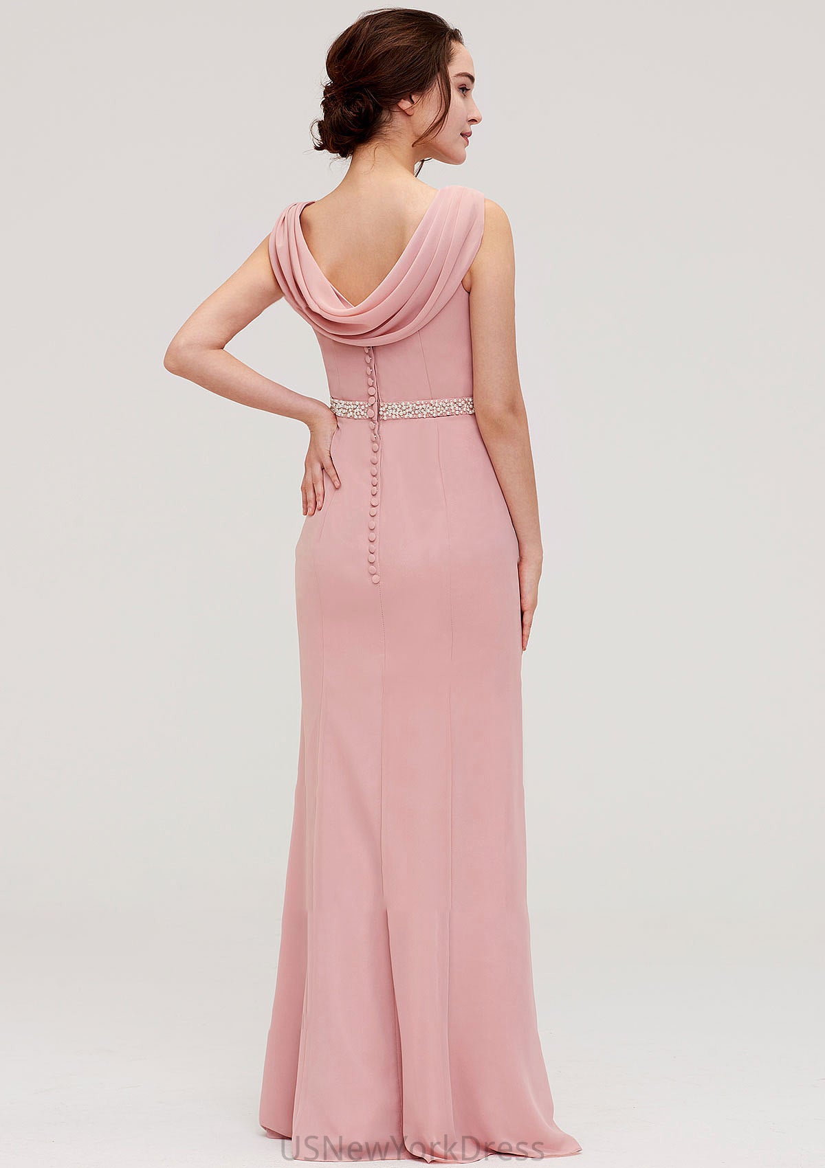 Sleeveless Sheath/Column Long/Floor-Length Chiffon Bridesmaid Dresses With Waistband Beading Anastasia DJP0025317