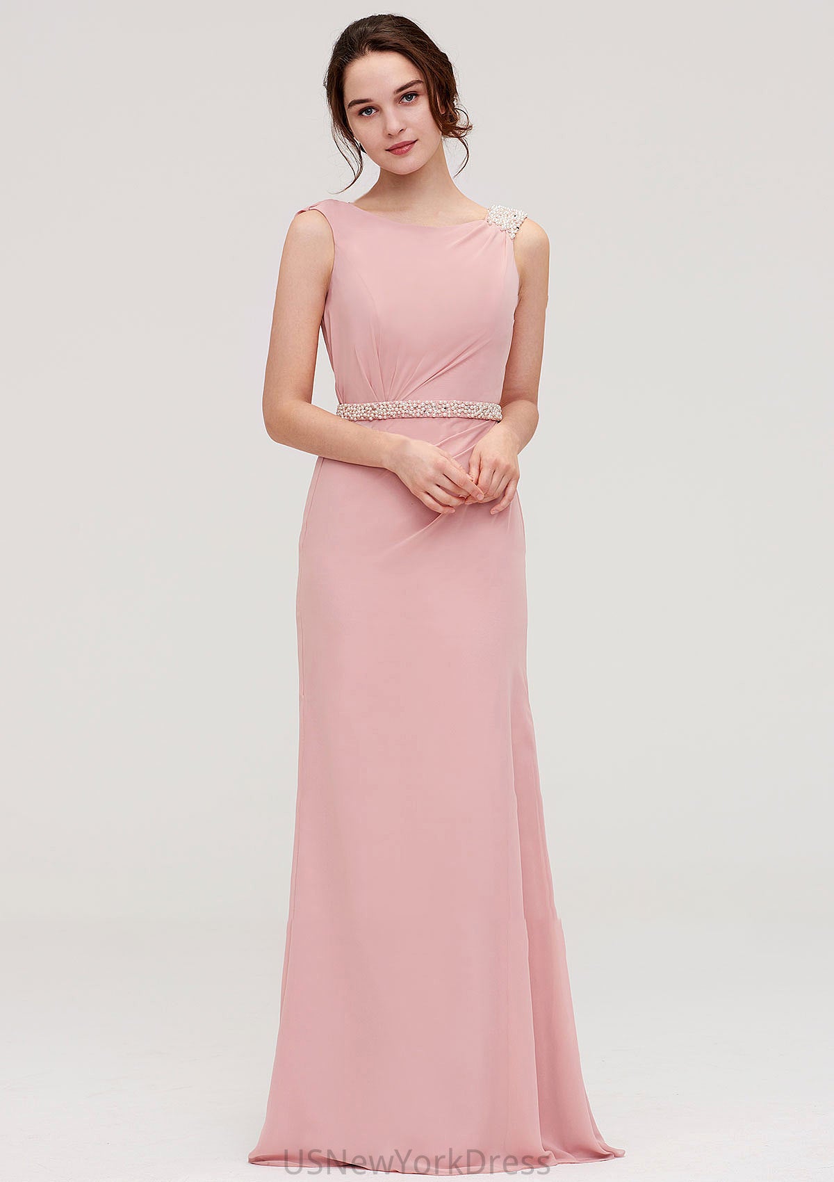 Sleeveless Sheath/Column Long/Floor-Length Chiffon Bridesmaid Dresses With Waistband Beading Anastasia DJP0025317