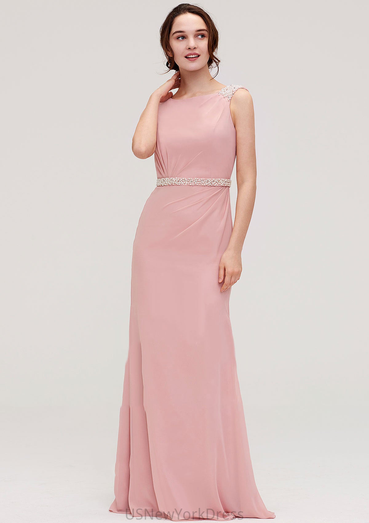 Sleeveless Sheath/Column Long/Floor-Length Chiffon Bridesmaid Dresses With Waistband Beading Anastasia DJP0025317