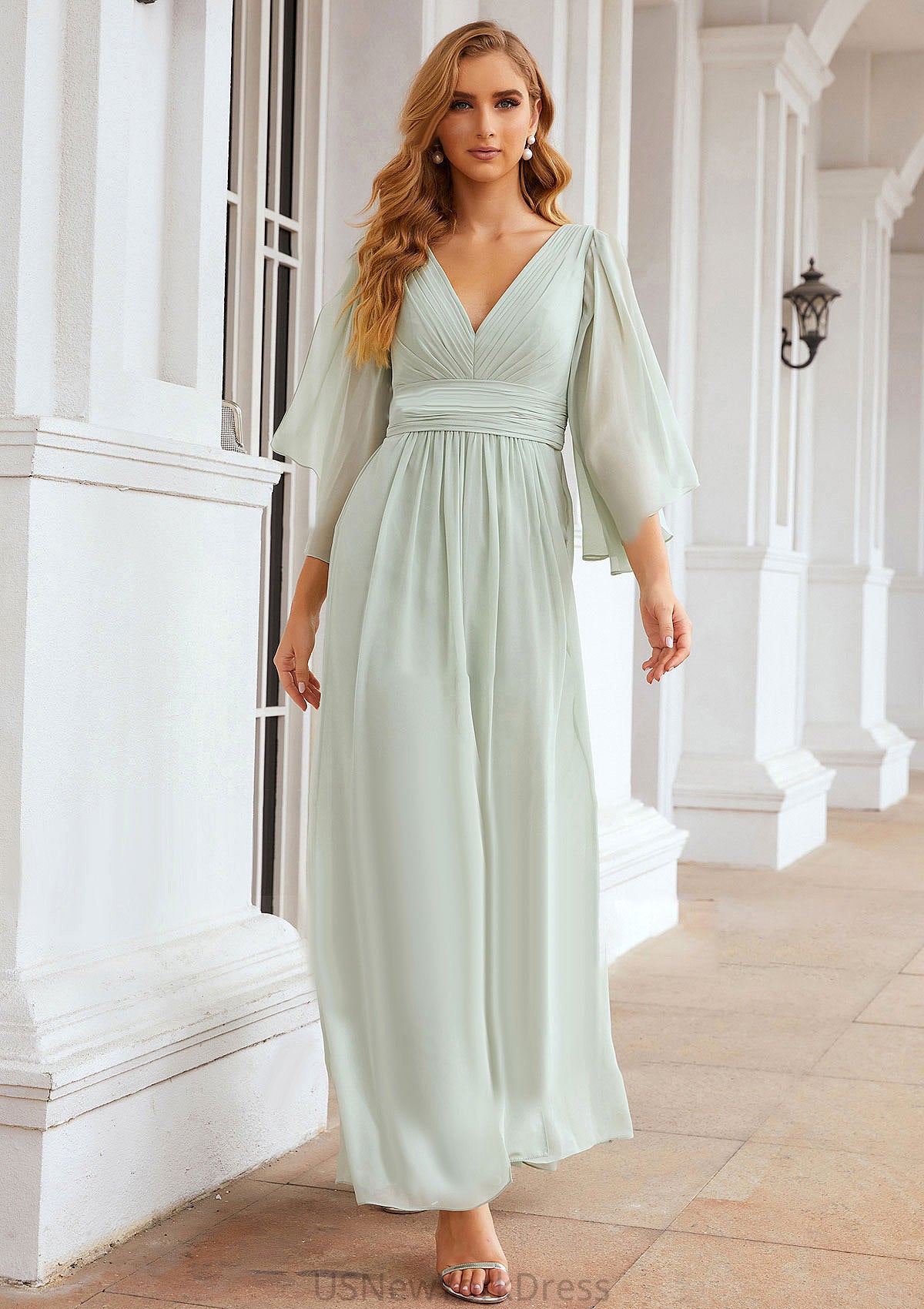 Sheath/Column V Neck 3/4 Sleeve Long/Floor-Length Chiffon Bridesmaid Dresses With Pleated Yasmin DJP0025318