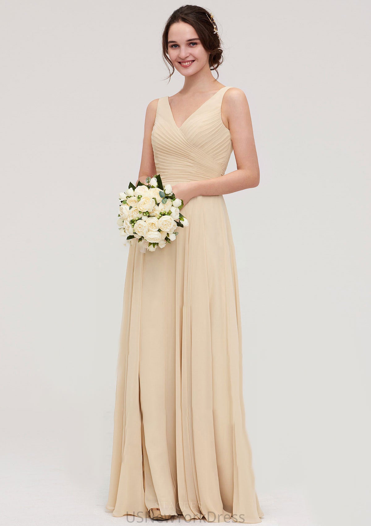 A-line/Princess V Neck Long/Floor-Length A-line/Princess Chiffon Bridesmaid Dresses With Sashes Pleated Scarlett DJP0025322