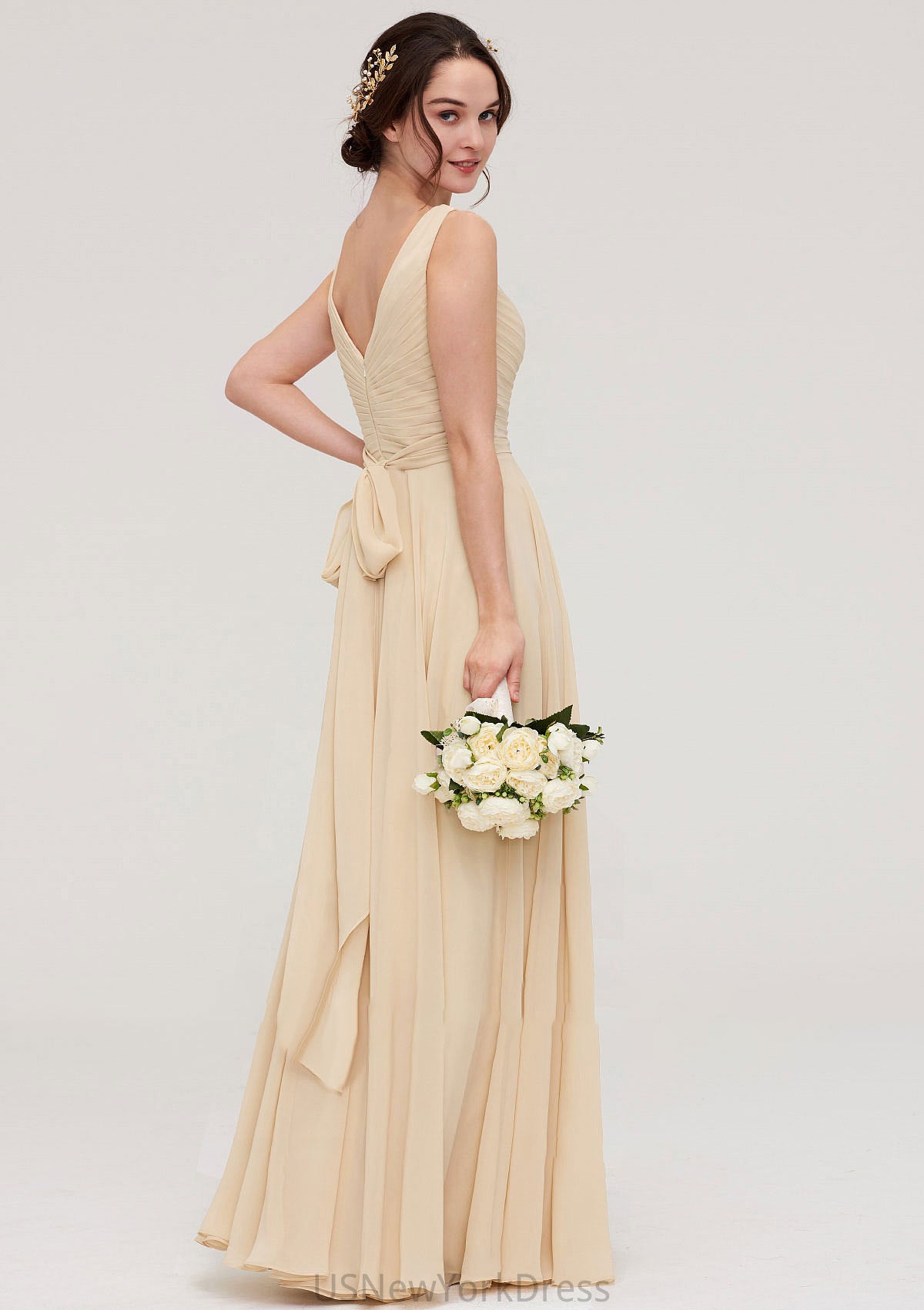 A-line/Princess V Neck Long/Floor-Length A-line/Princess Chiffon Bridesmaid Dresses With Sashes Pleated Scarlett DJP0025322