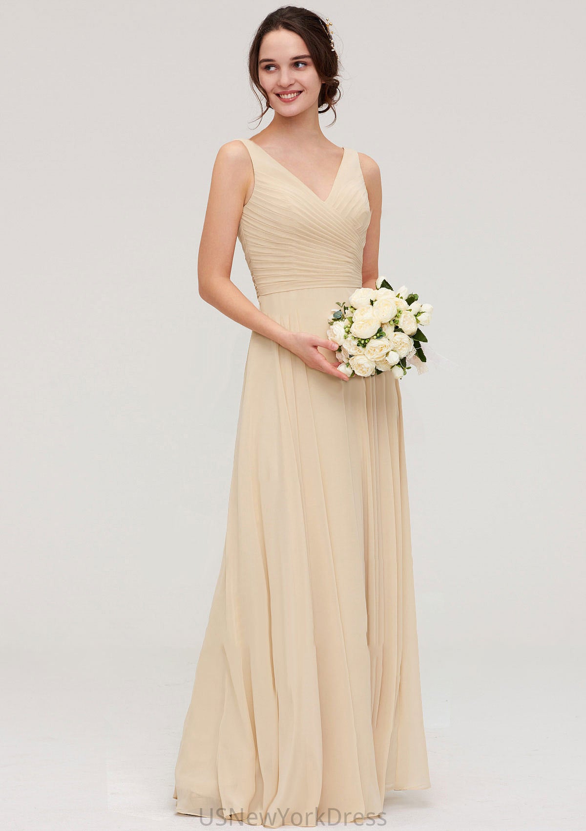 A-line/Princess V Neck Long/Floor-Length A-line/Princess Chiffon Bridesmaid Dresses With Sashes Pleated Scarlett DJP0025322