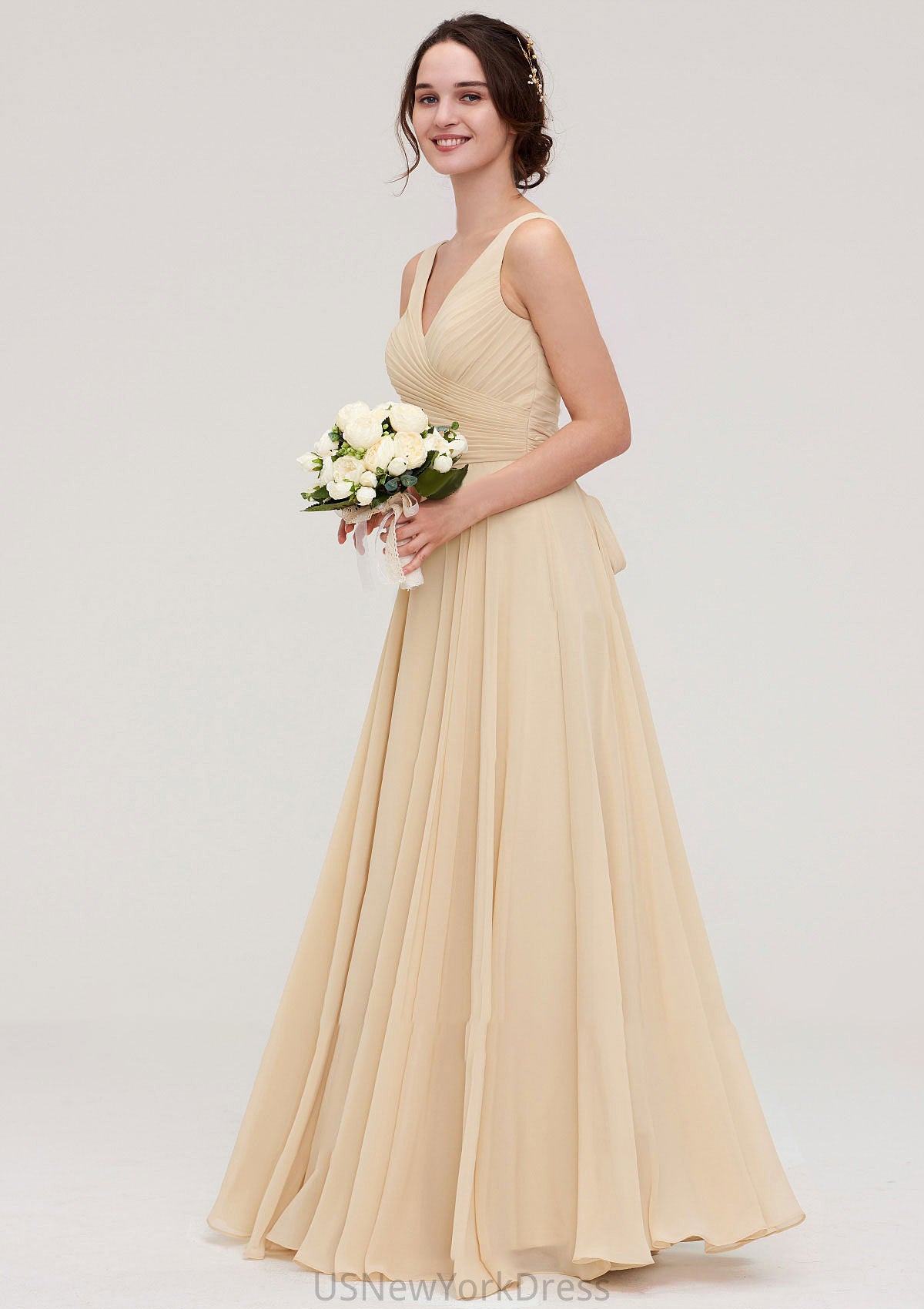 A-line/Princess V Neck Long/Floor-Length A-line/Princess Chiffon Bridesmaid Dresses With Sashes Pleated Scarlett DJP0025322