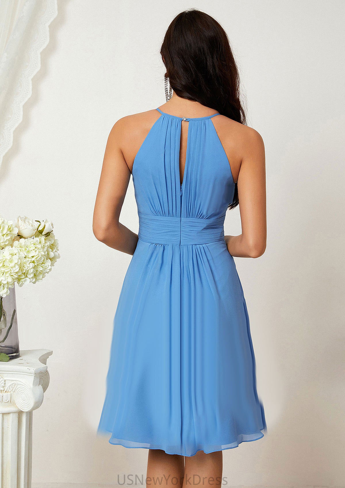 A-line Halter Sleeveless Knee-Length Chiffon Bridesmaid Dresses With Pleated    Gill DJP0025324