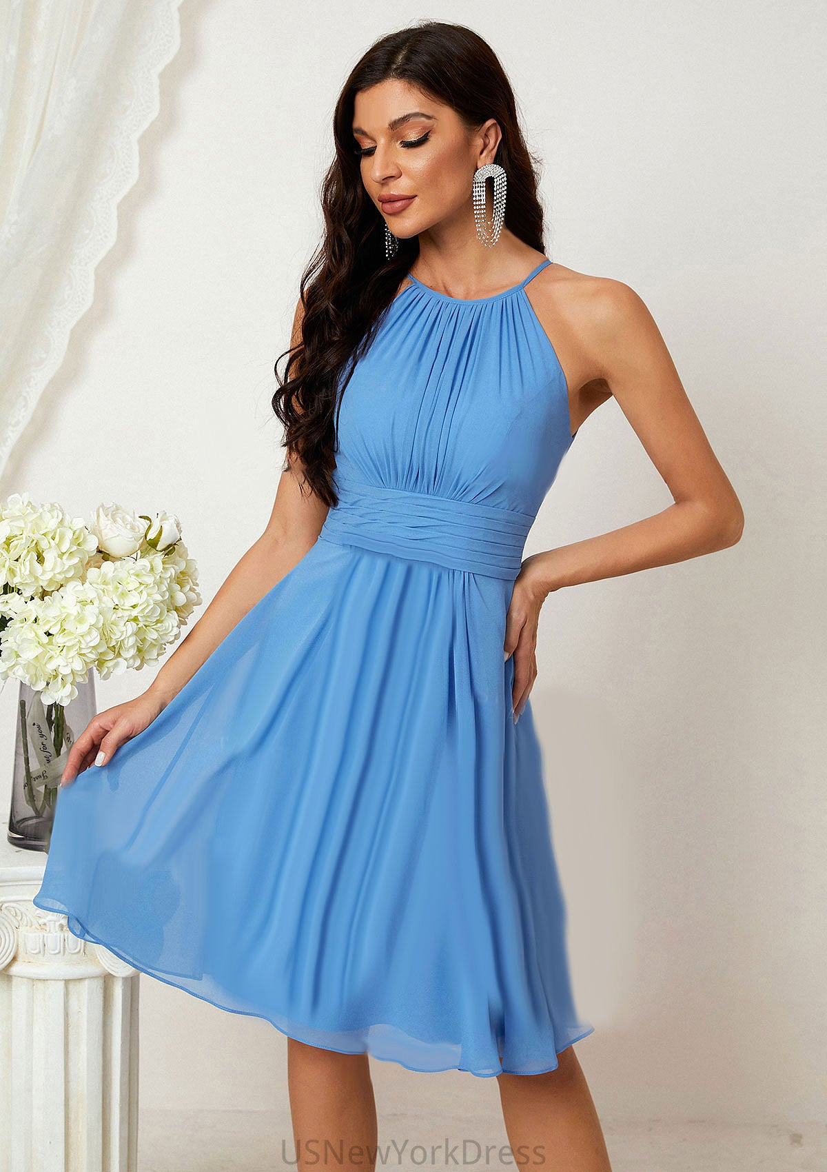 A-line Halter Sleeveless Knee-Length Chiffon Bridesmaid Dresses With Pleated    Gill DJP0025324