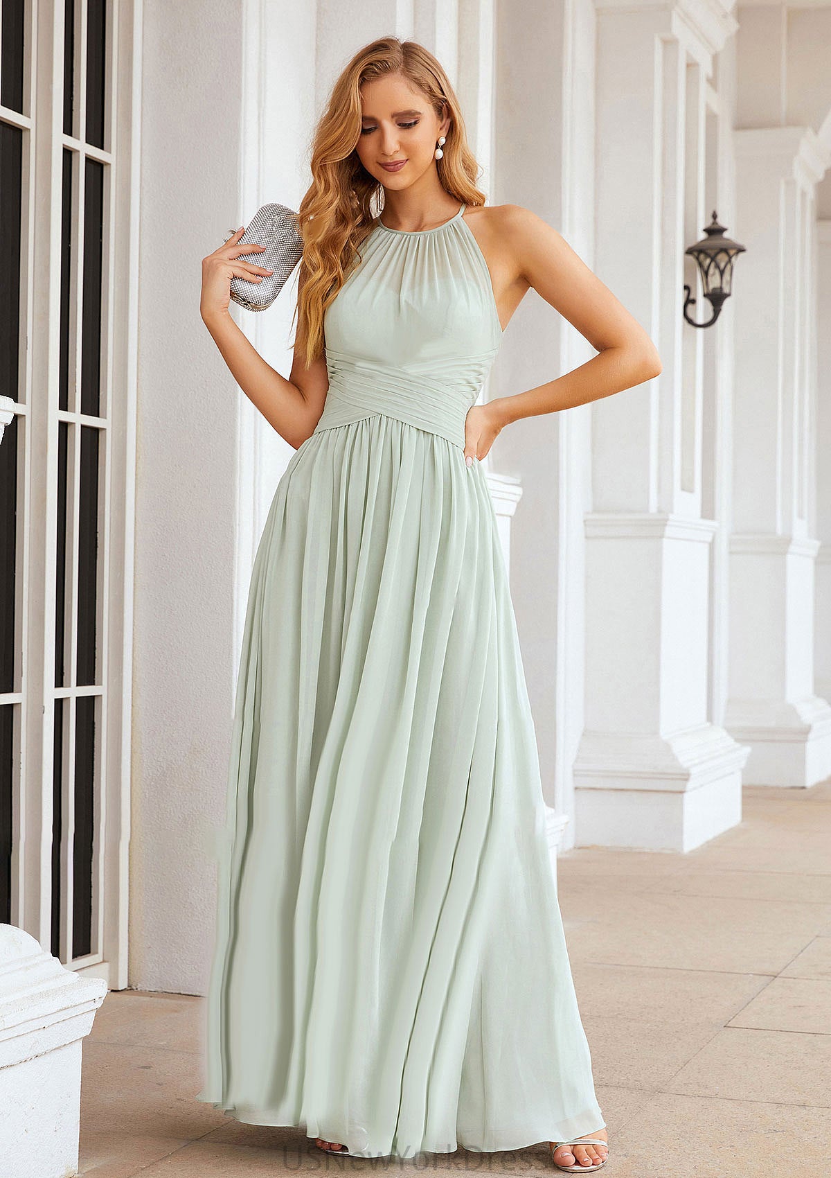 A-line Halter Sleeveless Long/Floor-Length Chiffon Bridesmaid Dresses With Pleated Mignon DJP0025325