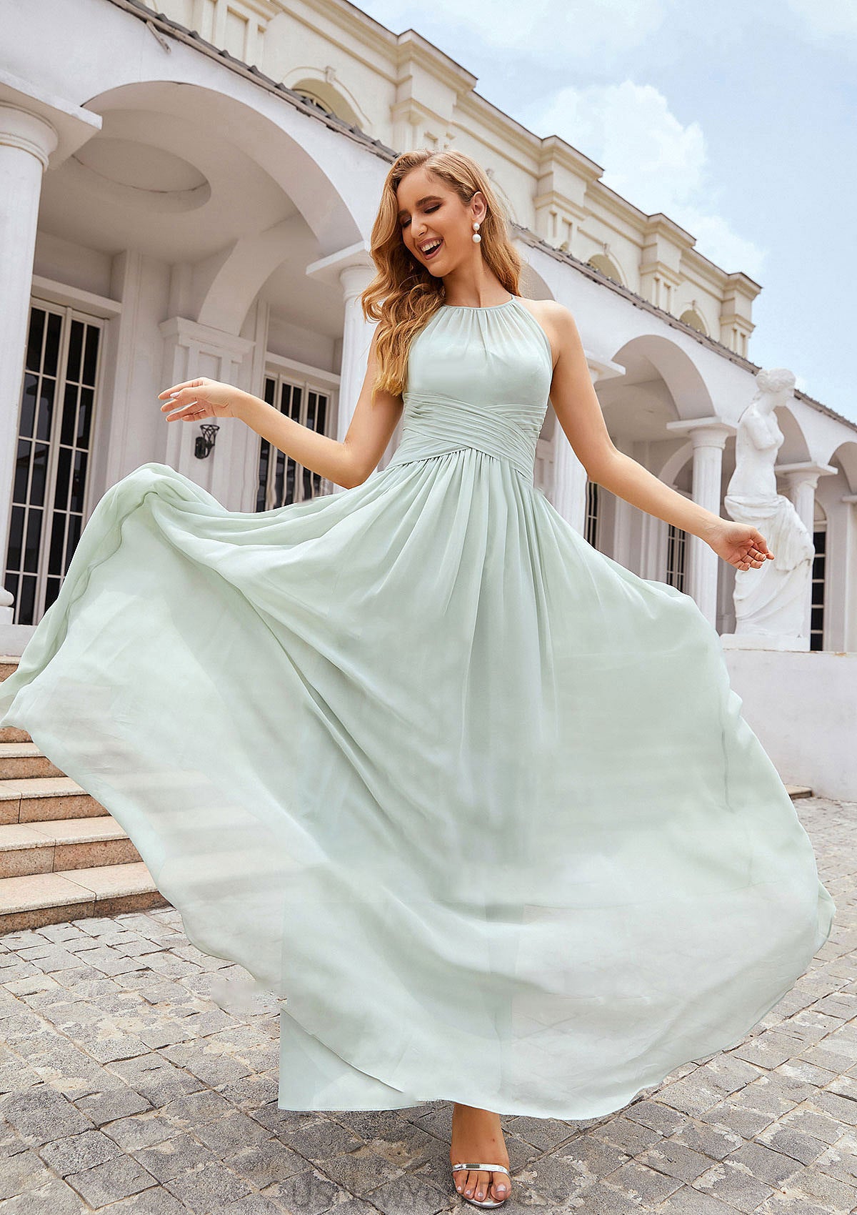 A-line Halter Sleeveless Long/Floor-Length Chiffon Bridesmaid Dresses With Pleated Mignon DJP0025325