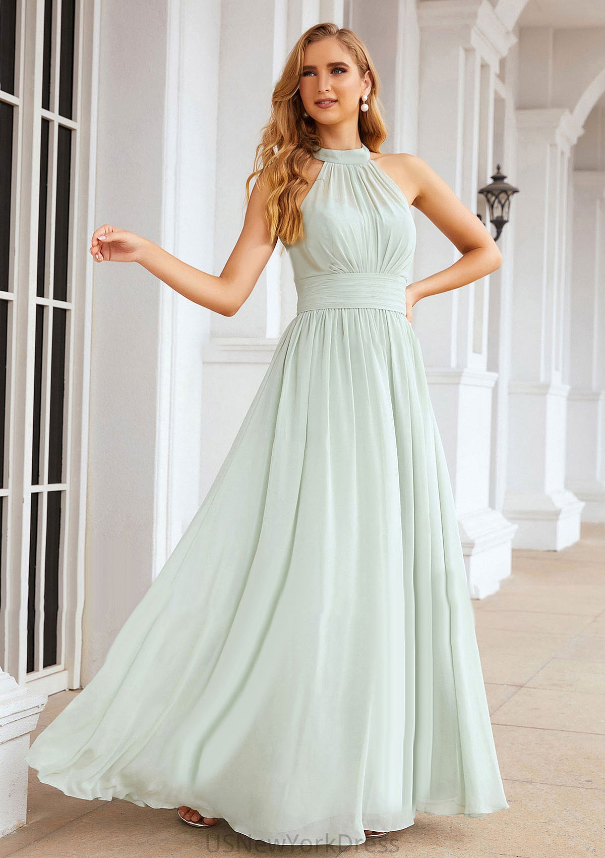 A-line High-Neck Sleeveless Long/Floor-Length Chiffon Bridesmaid Dresses With Pleated Mercedes DJP0025326