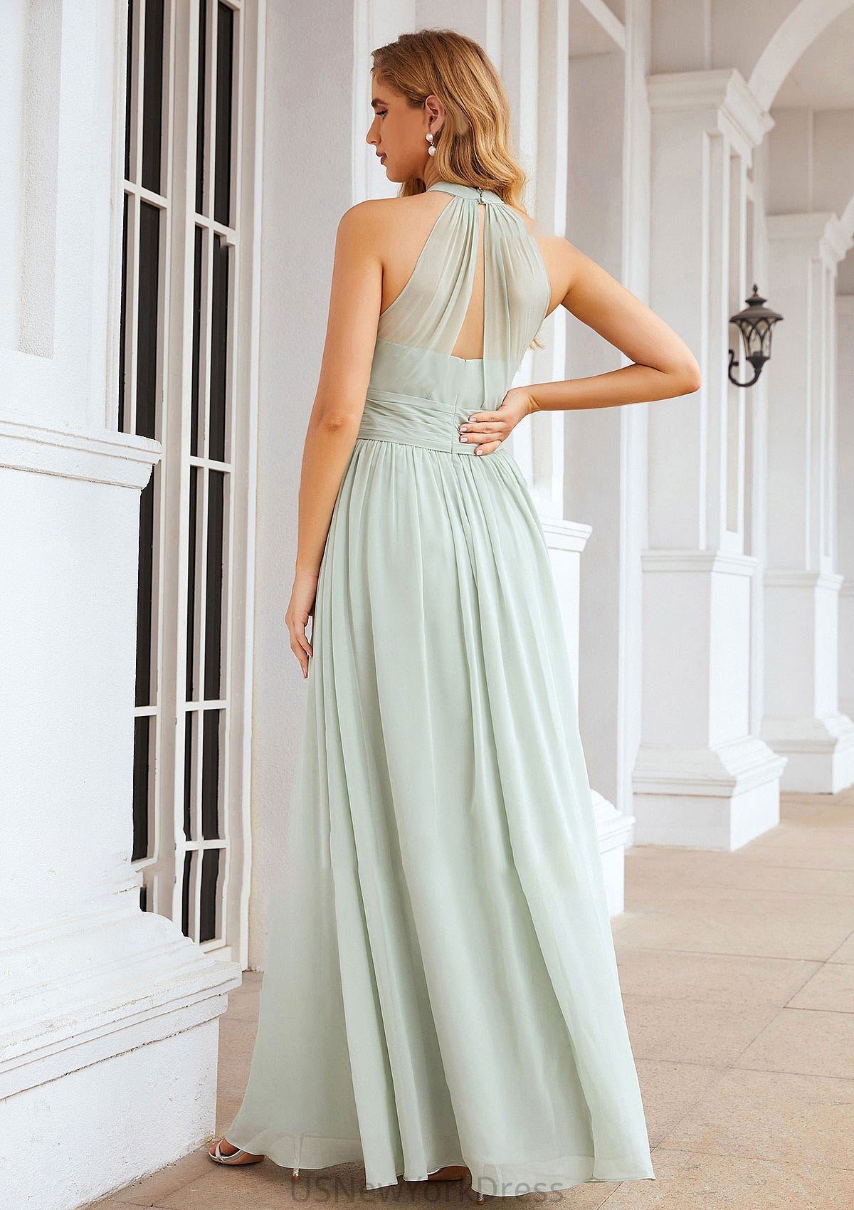 A-line High-Neck Sleeveless Long/Floor-Length Chiffon Bridesmaid Dresses With Pleated Mercedes DJP0025326