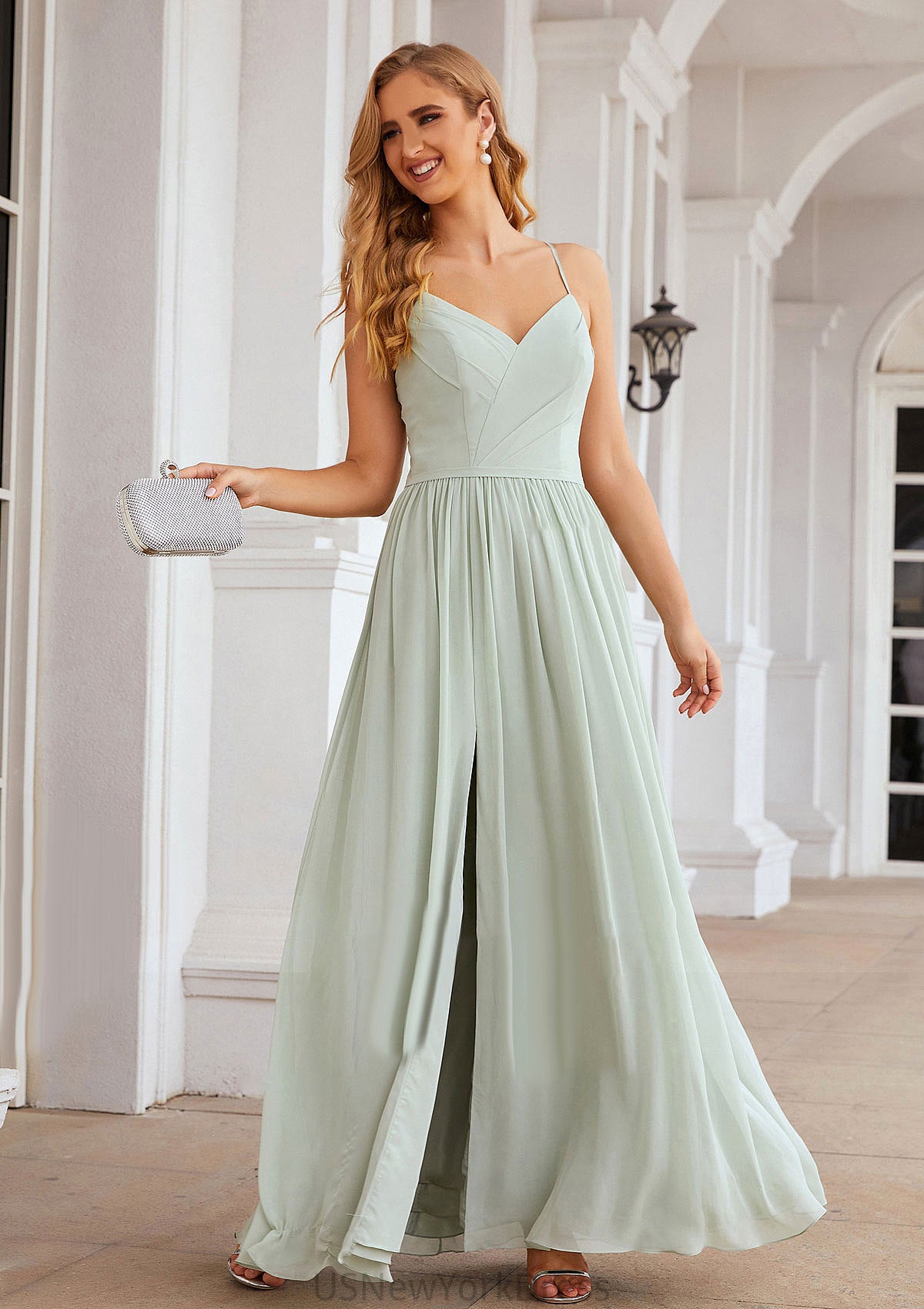 A-line V Neck Sleeveless Long/Floor-Length Chiffon Bridesmaid Dresses With Pleated Split Adyson DJP0025327